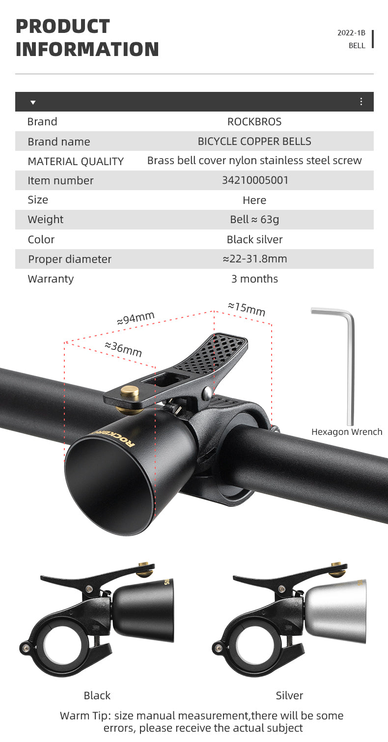 ROCKBROS Bike Bell Classic Bicycle Bell Mountain Bike Bells for Adults with Loud Sound and Fit for 0.87-1.25in/22.2-31.8mm Bicycle Handlebars