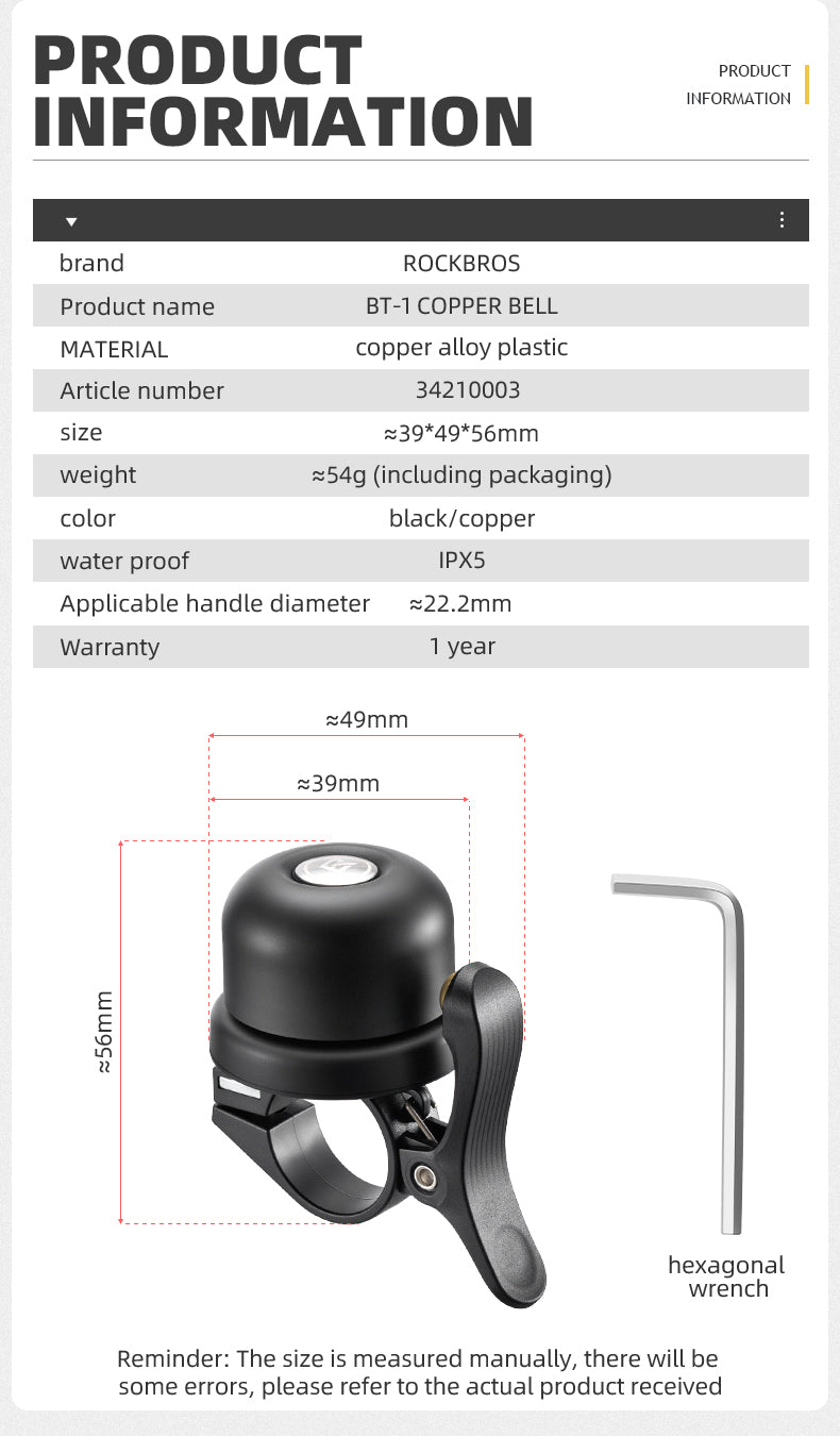 ROCKBROS Bike Bell Ring Horn Classic Bicycle Bell Anti-Theft for Adults Suitable for 0.87‘’/22.2mm Diameter Handlebar