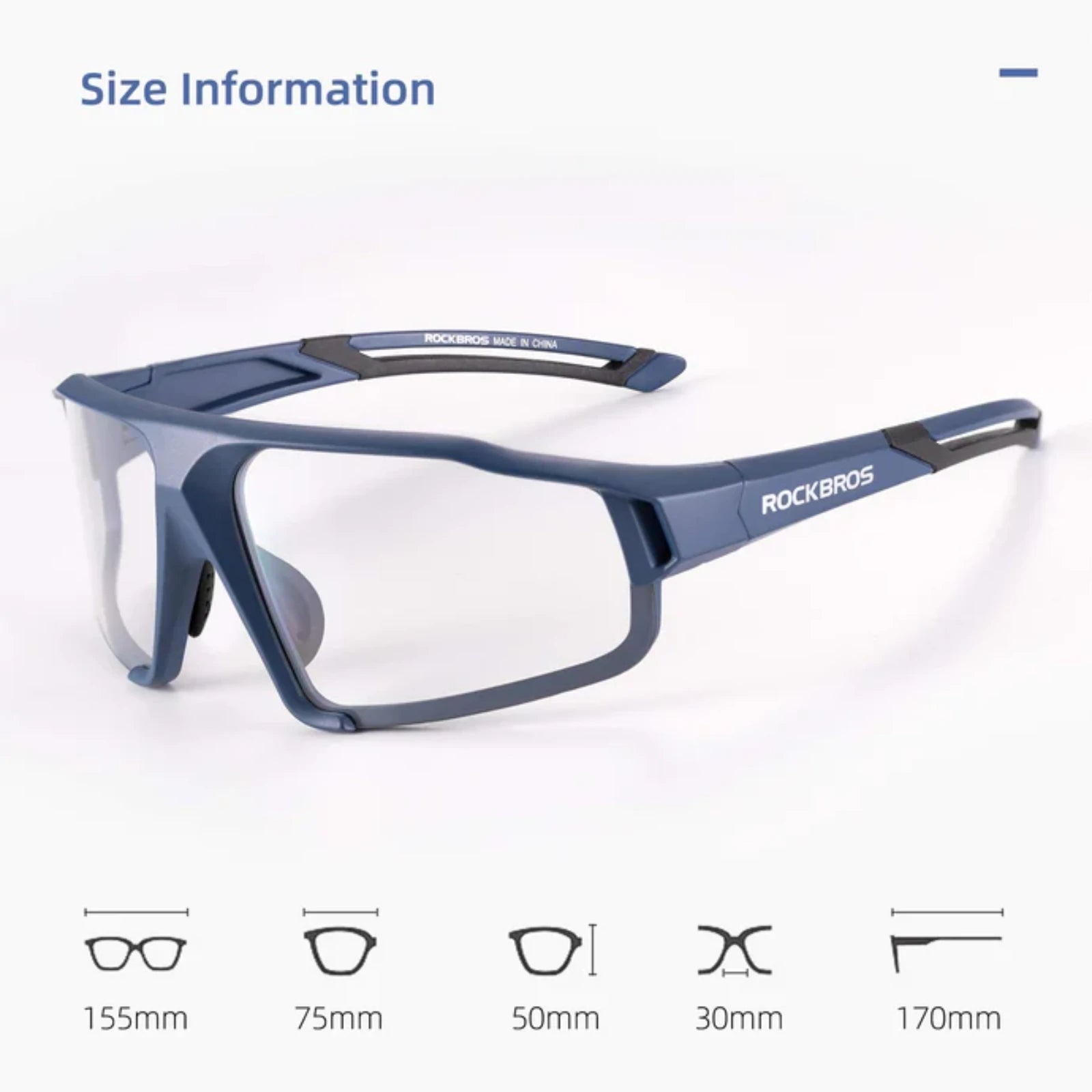 Blue sunglasses with 'ROCKBROS' branding on a white background, featuring size information icons below.