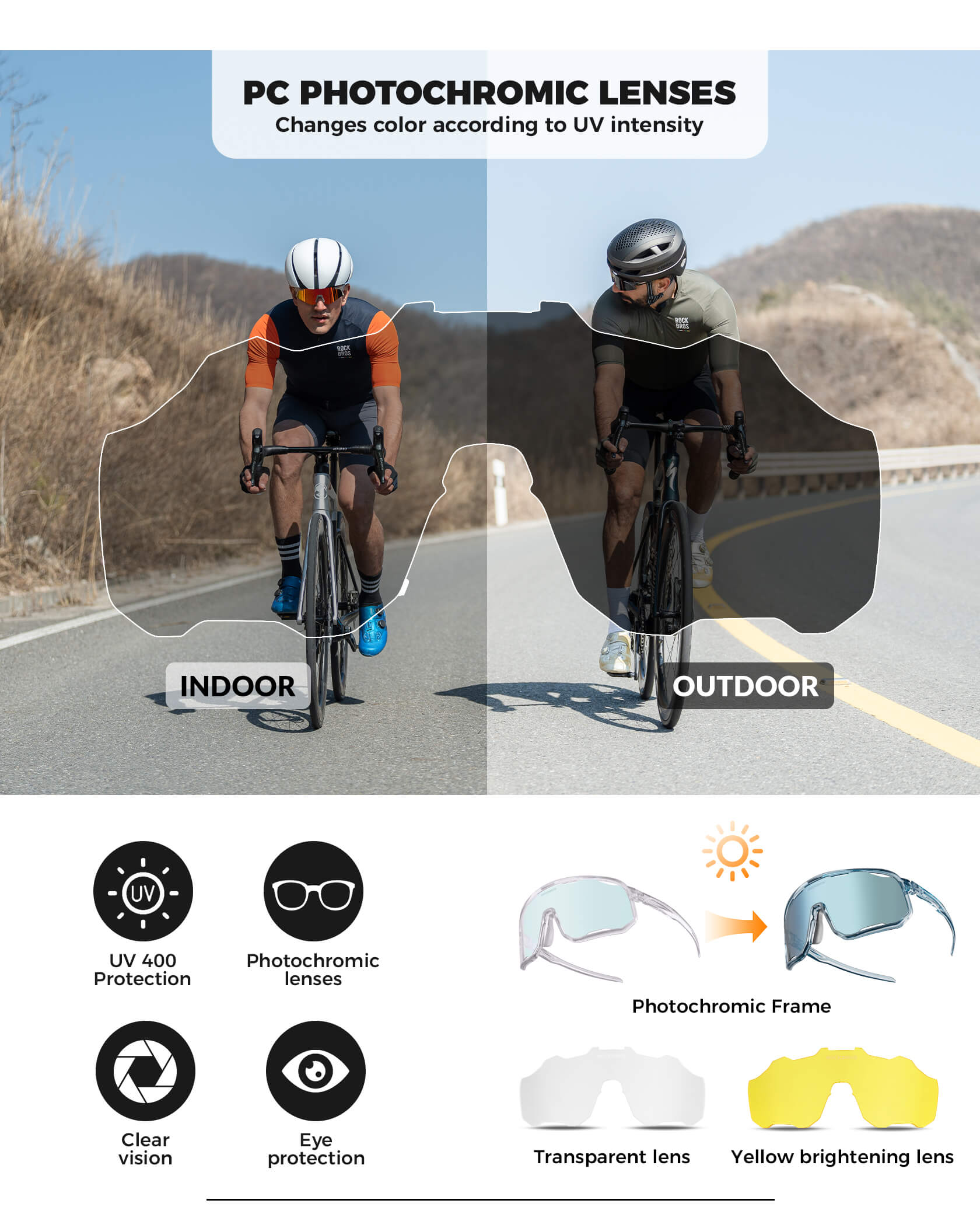 ROCKBROS photochromic sunglasses, UV400 protection, transparent cycling glasses, windproof, TR90 frame, ideal for outdoor sports
#Color_summer-sky-blue