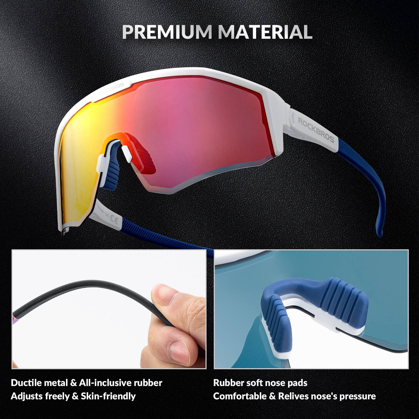 ROCKBROS Polarized Sports Glasses Adjustable Temple TAC Lenses + TR90 #Color_Wihte Blue Frame