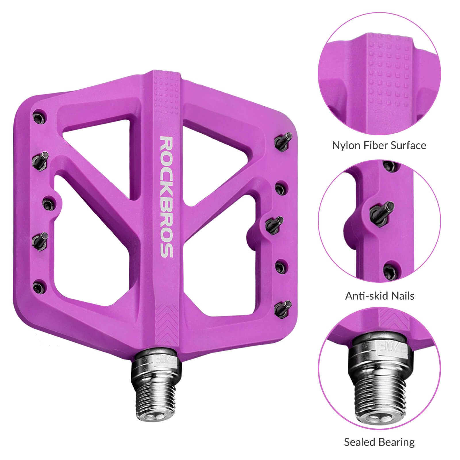 Wide platform composite pedals for comfortable long rides.
#color_purple