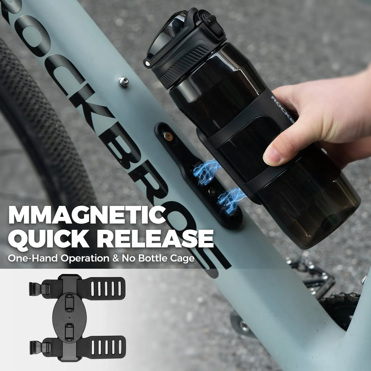 Insulated cycling water bottle with magnetic quick-release attachment.