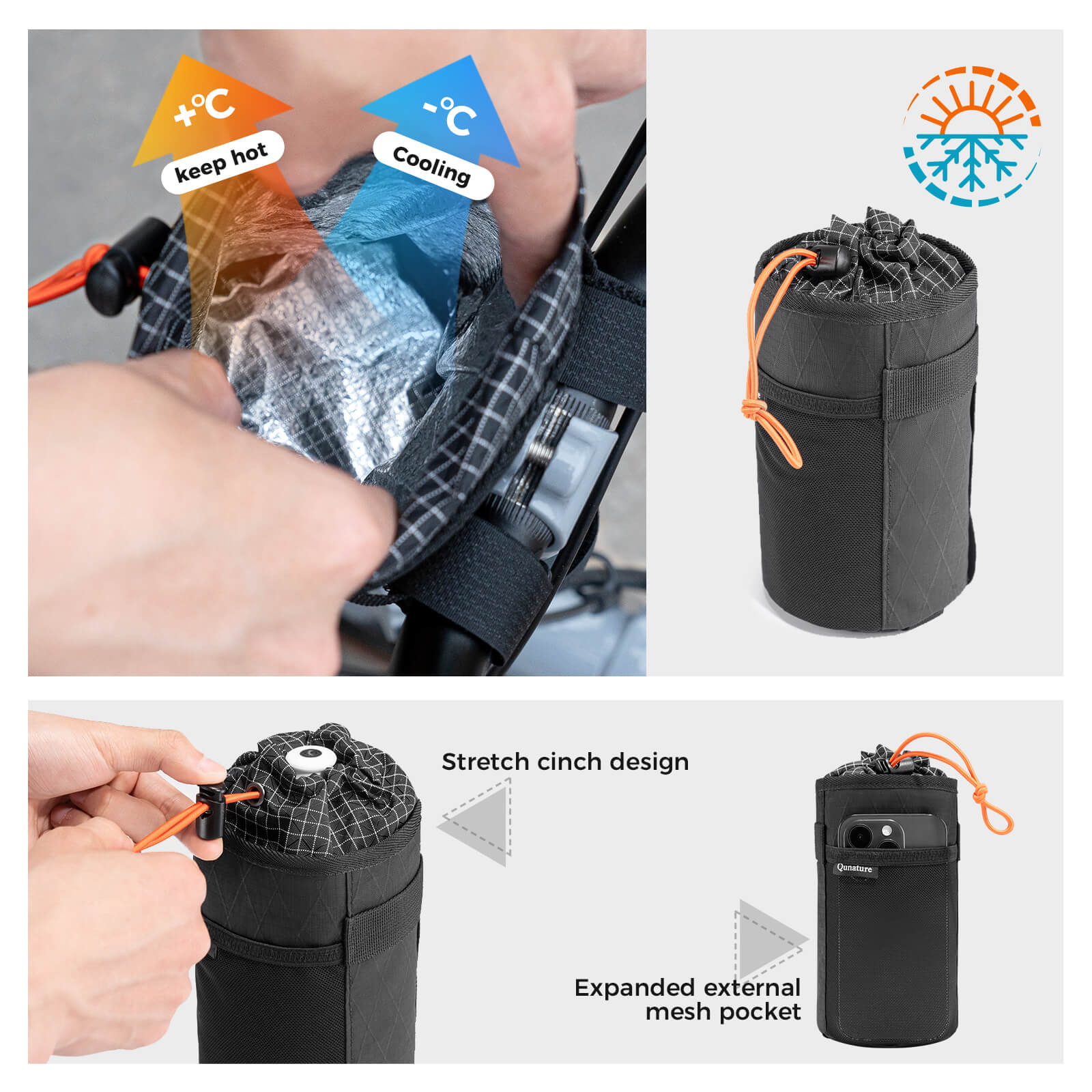 Qunature thermal insulated 1L handlebar bottle bag for bikepacking and long-distance cycling, keeps drinks hot or cold
#color_white