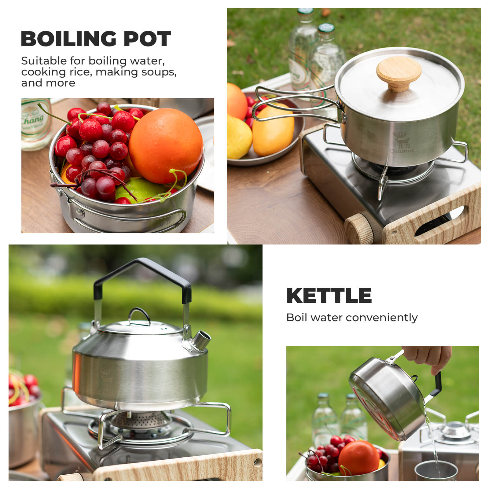 Qunature stainless steel folding cookware set for camping.