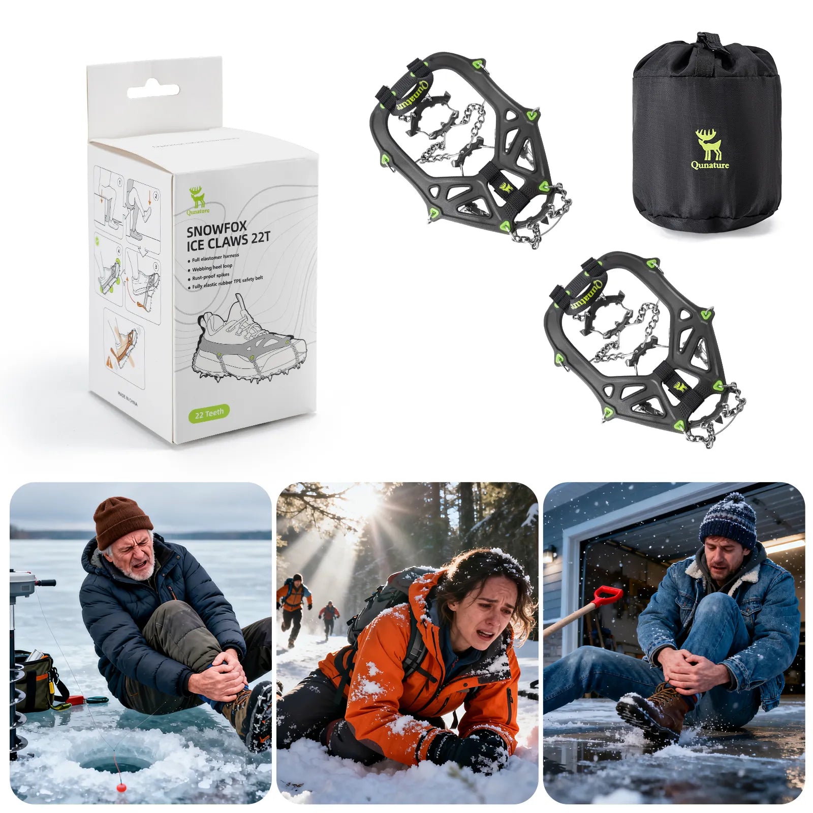 qunature 22-spike stainless steel ice crampons and anti-slip shoe traction cleats for boots