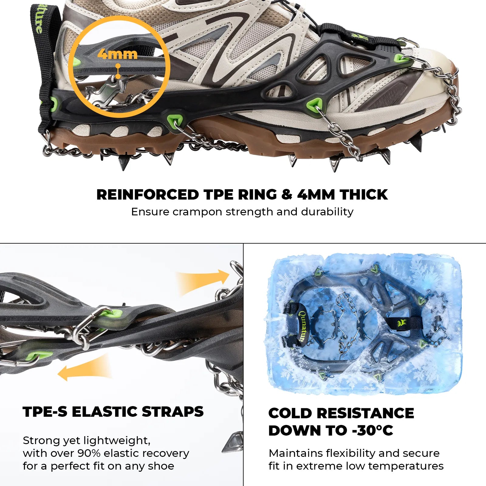 qunature 22-spike stainless steel ice crampons and anti-slip shoe traction cleats for boots