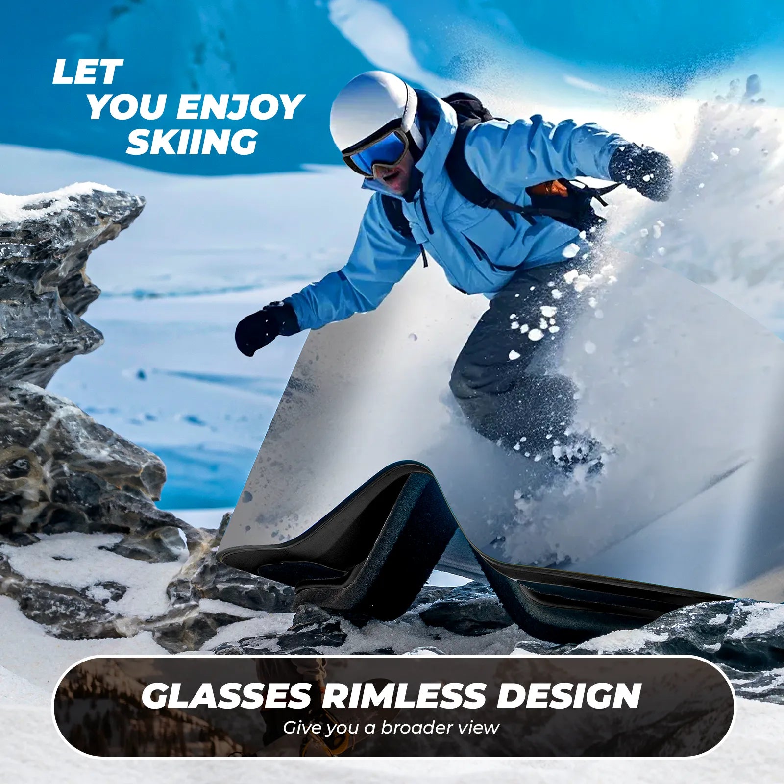 Close-up of Qunature anti-fog wide vision ski goggles lens technology.
#frame color_black