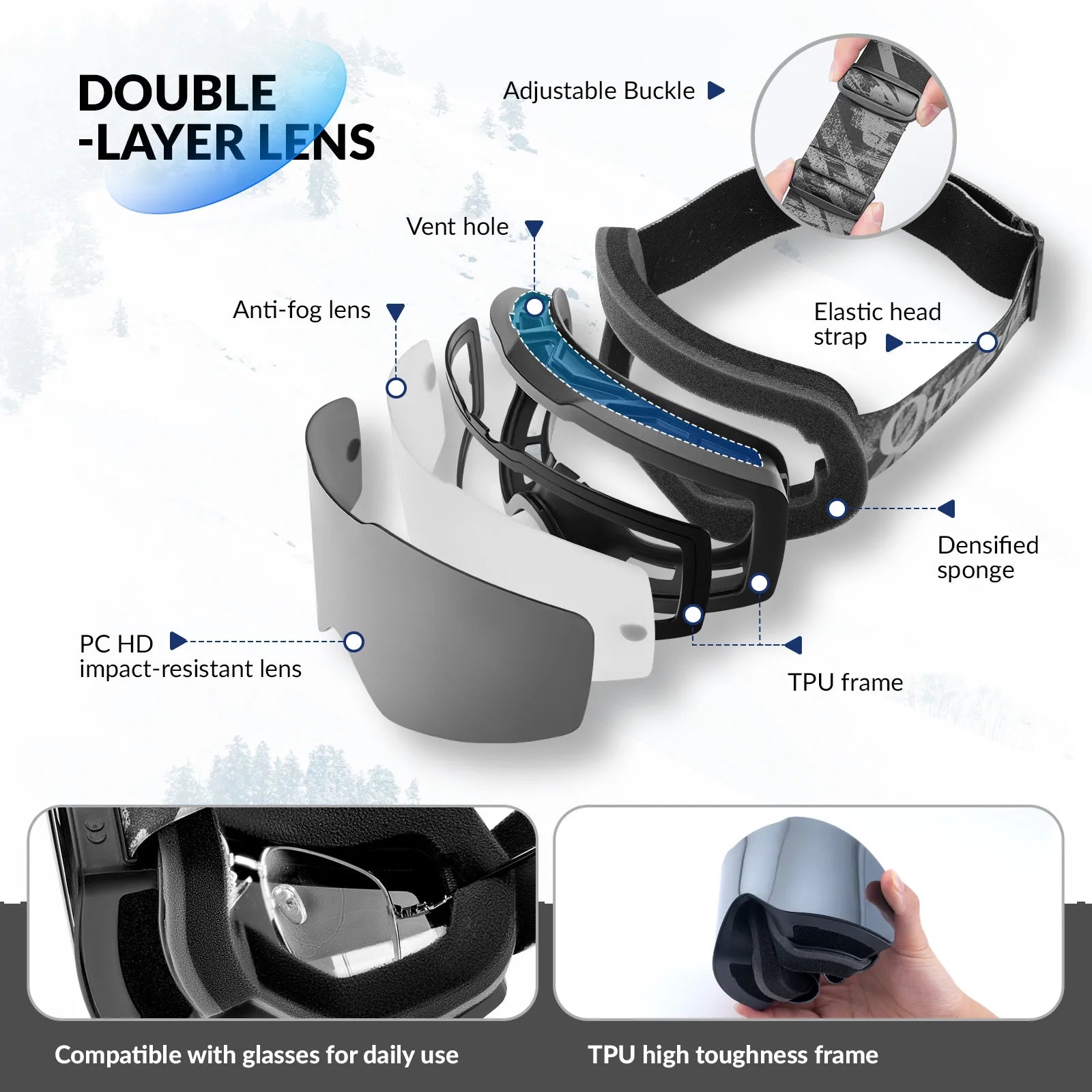 Close-up of Qunature anti-fog wide vision ski goggles lens technology.
#frame color_black