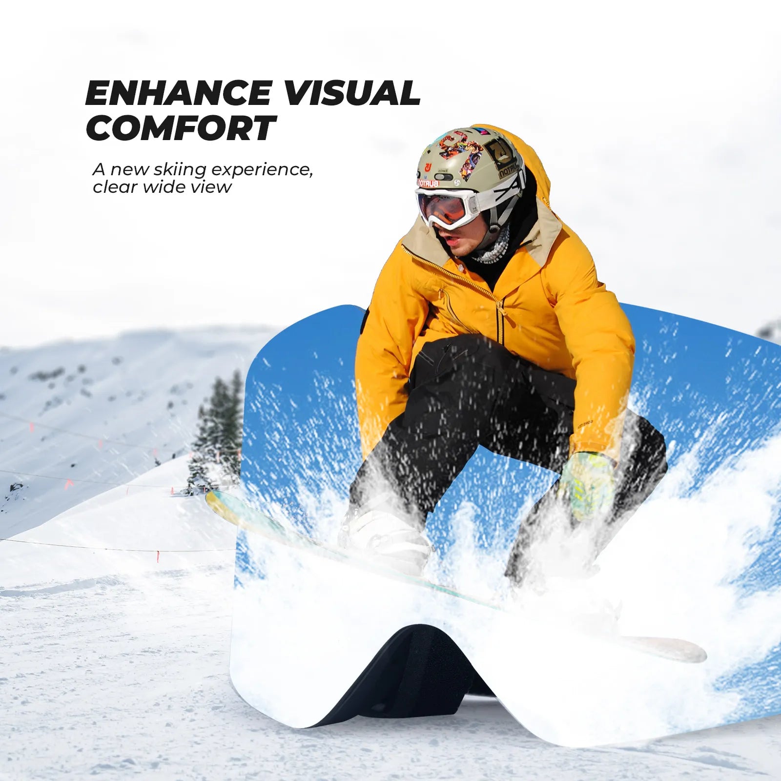 Close-up of Qunature anti-fog wide vision ski goggles lens technology.
#frame color_black