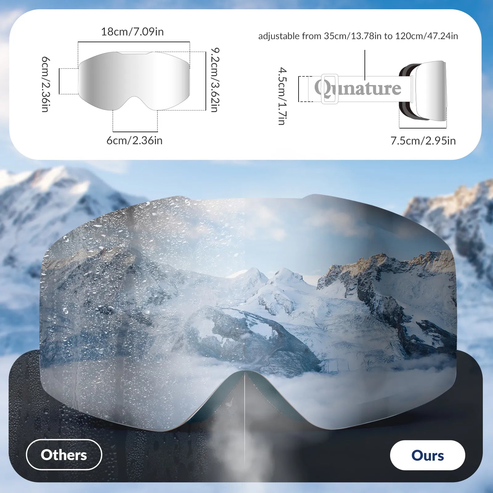 Close-up of Qunature anti-fog wide vision ski goggles lens technology.
#frame color_black