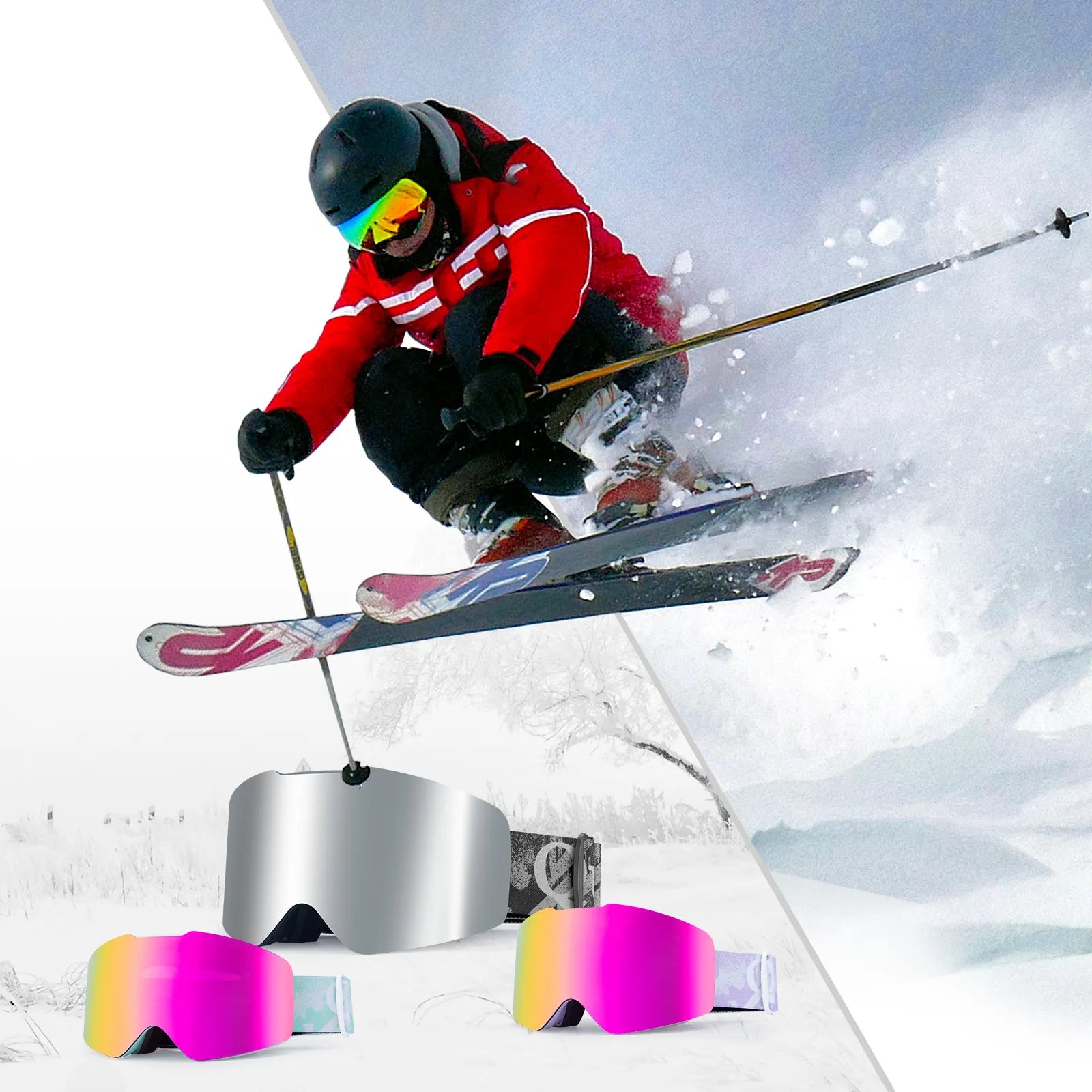 Close-up of Qunature anti-fog wide vision ski goggles lens technology.
#frame color_black