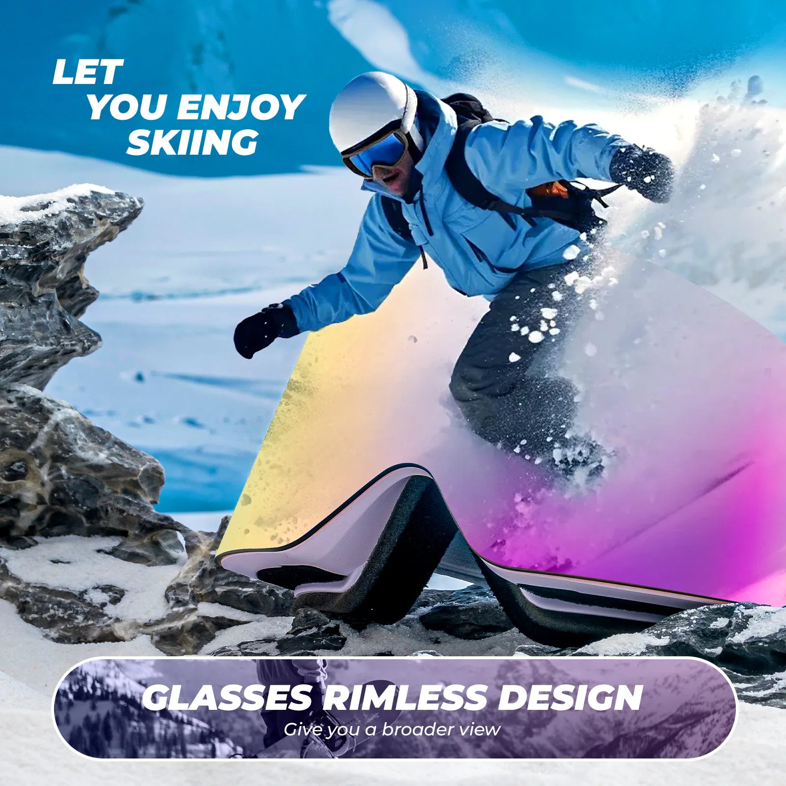 Close-up of Qunature anti-fog wide vision ski goggles lens technology.
#frame color_pink
