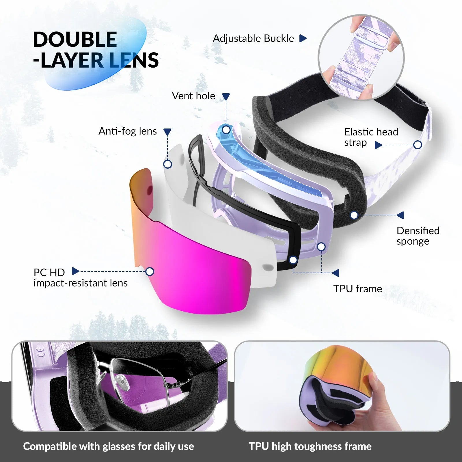 Close-up of Qunature anti-fog wide vision ski goggles lens technology.
#frame color_pink