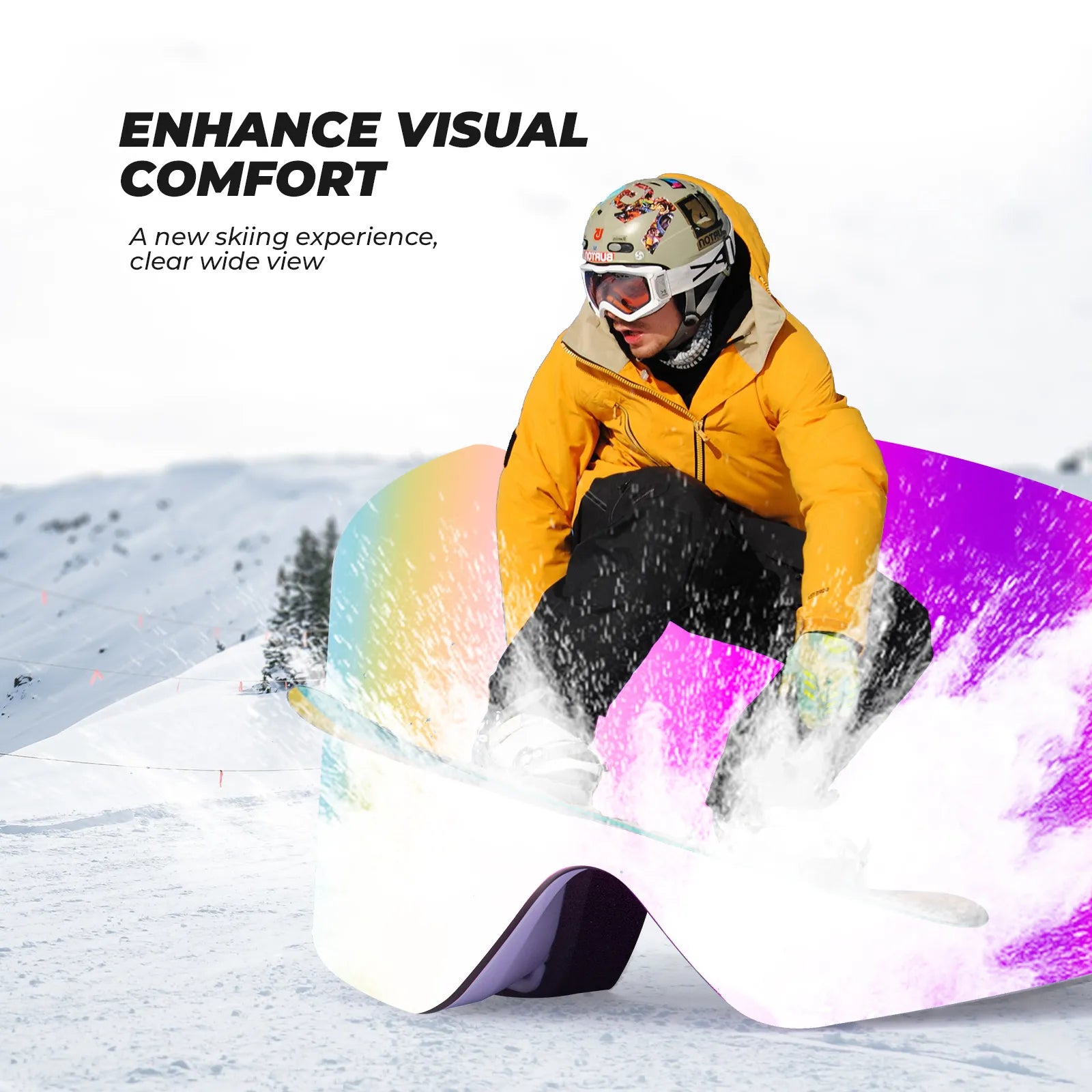 Close-up of Qunature anti-fog wide vision ski goggles lens technology.
#frame color_pink