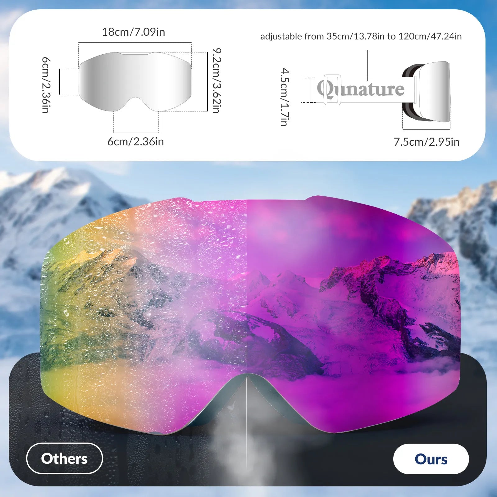 Close-up of Qunature anti-fog wide vision ski goggles lens technology.
#frame color_pink