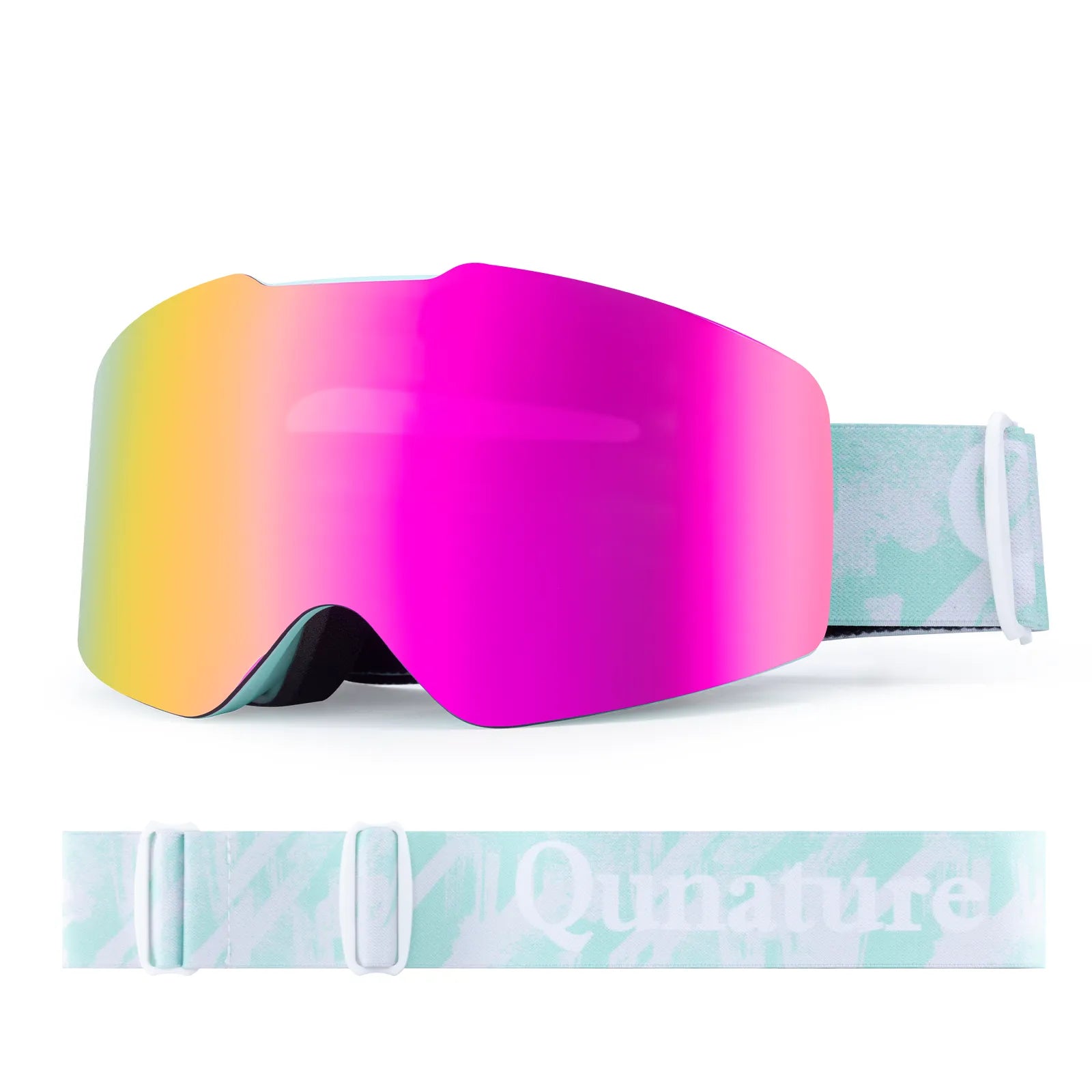 Close-up of Qunature anti-fog wide vision ski goggles lens technology.
#frame color_sky blue