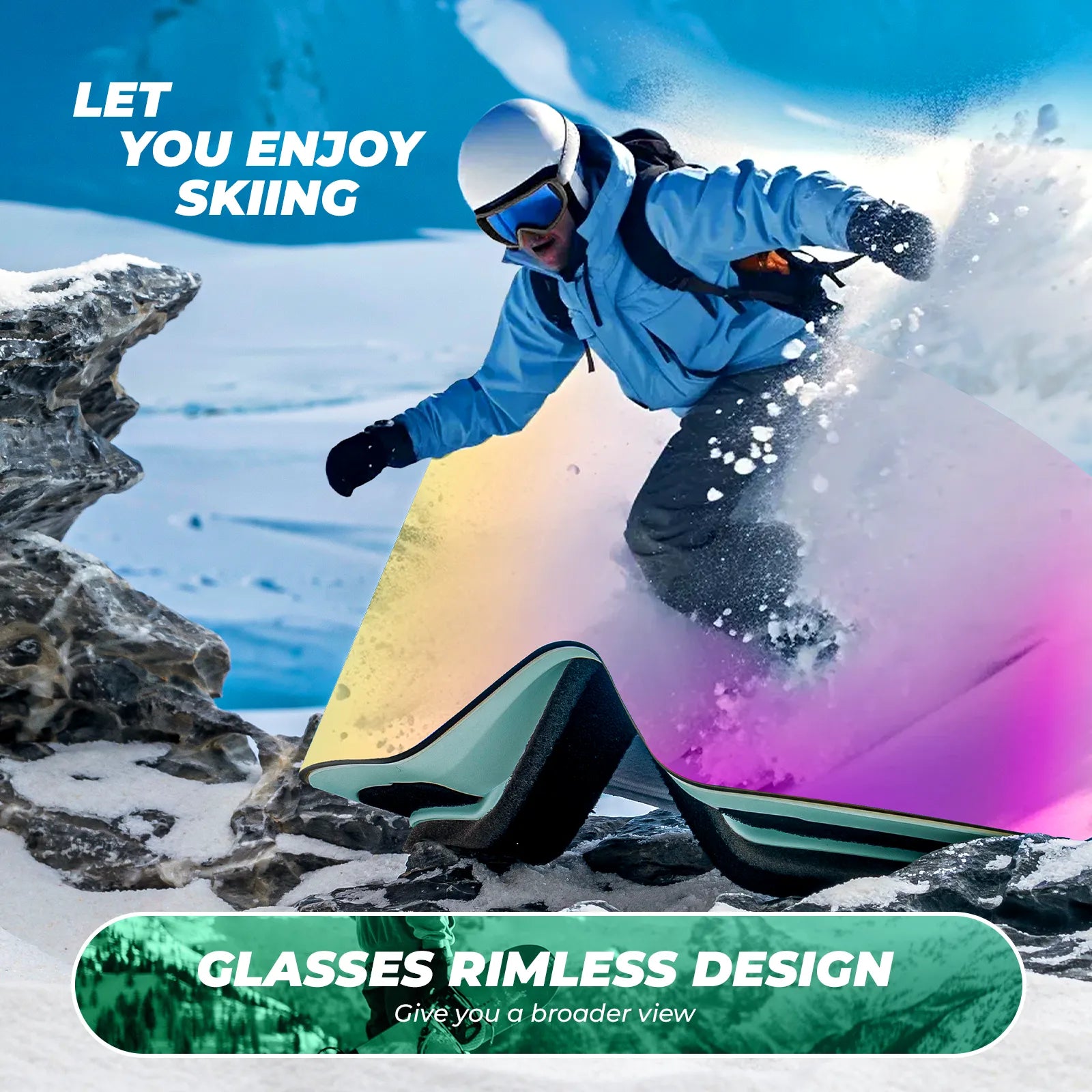 Close-up of Qunature anti-fog wide vision ski goggles lens technology.
#frame color_sky blue
