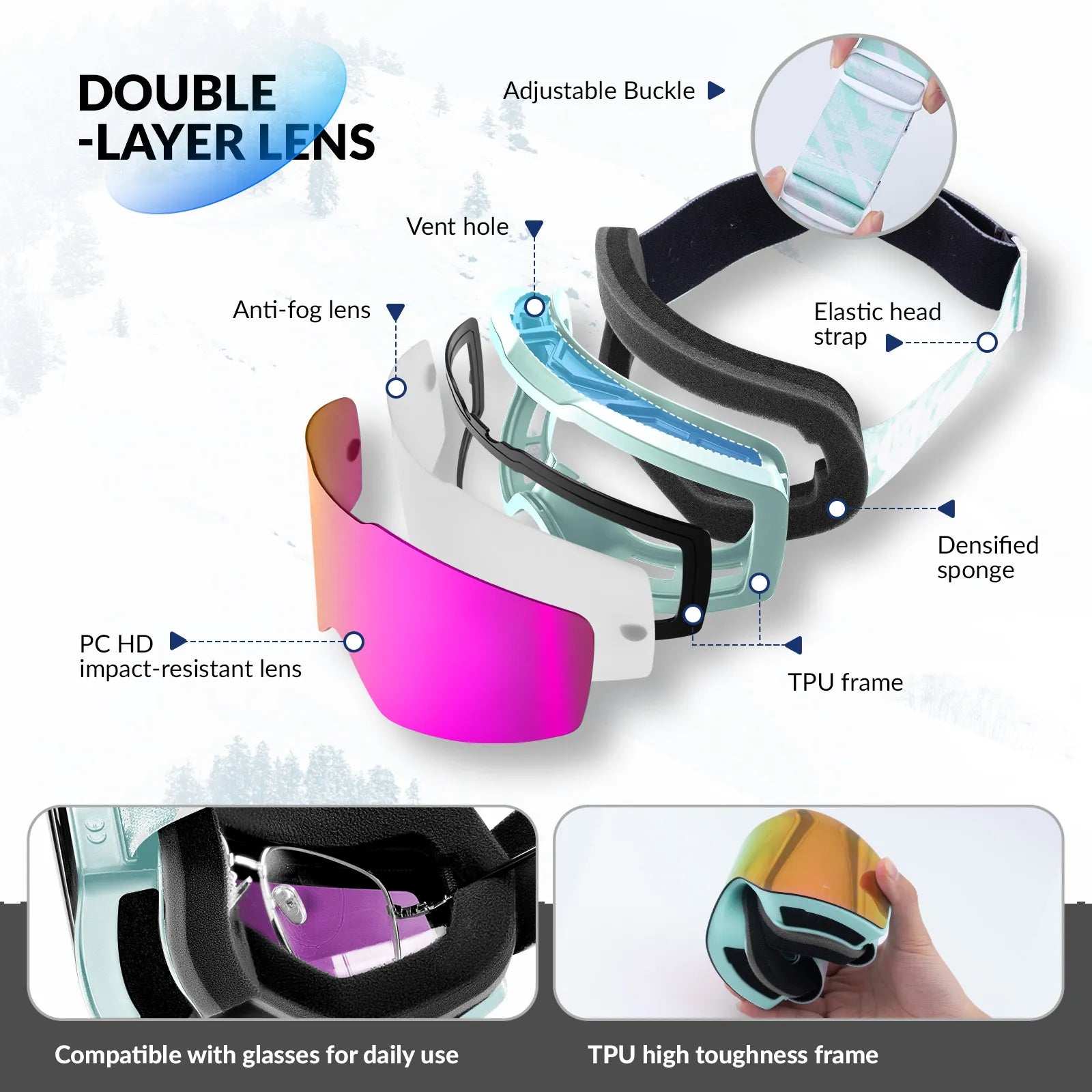 Close-up of Qunature anti-fog wide vision ski goggles lens technology.
#frame color_sky blue