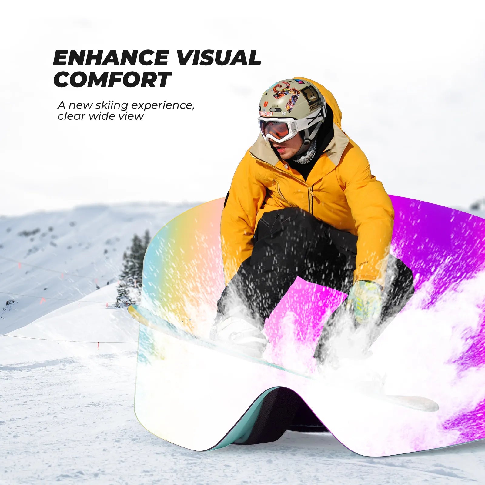 Close-up of Qunature anti-fog wide vision ski goggles lens technology.
#frame color_sky blue