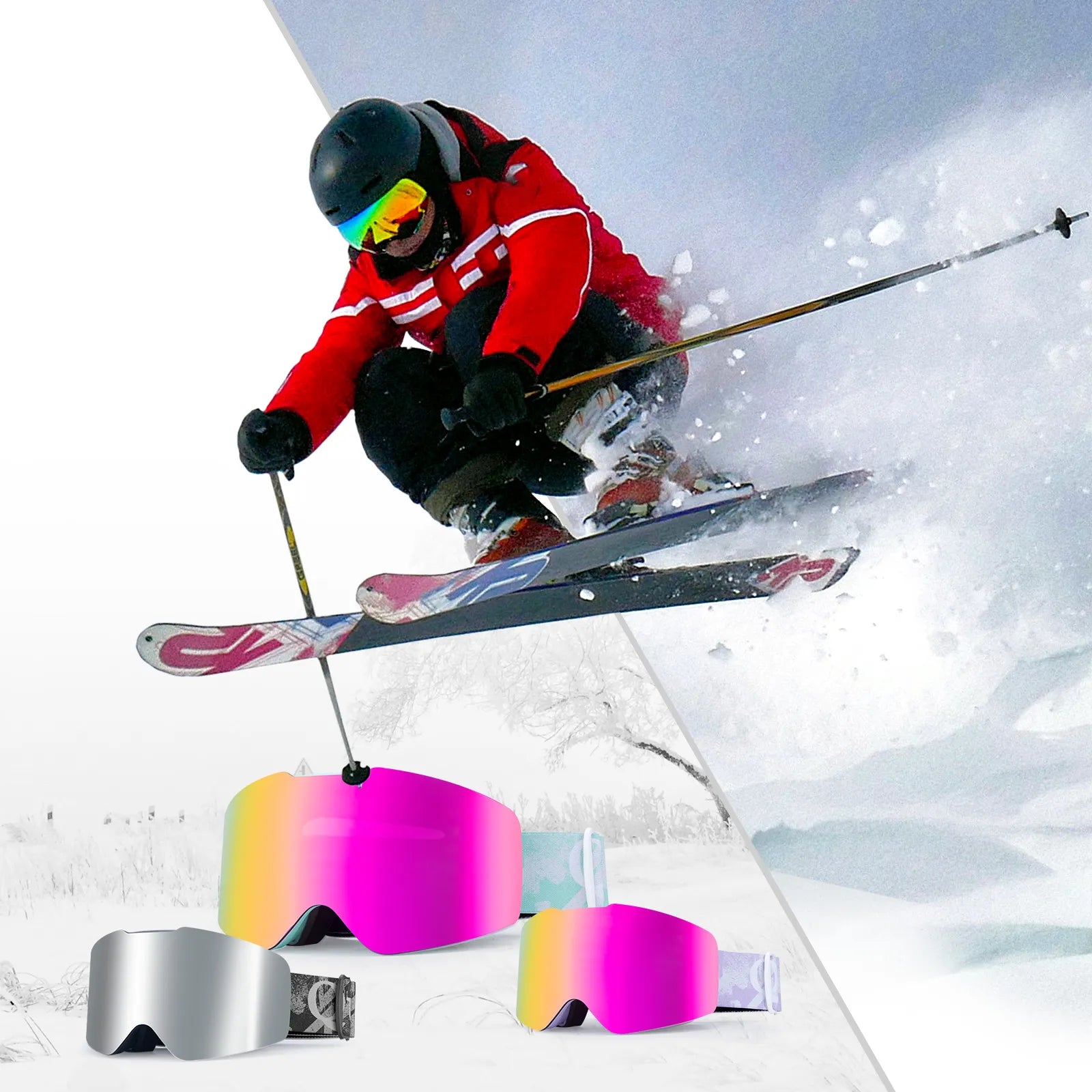 Close-up of Qunature anti-fog wide vision ski goggles lens technology.
#frame color_sky blue