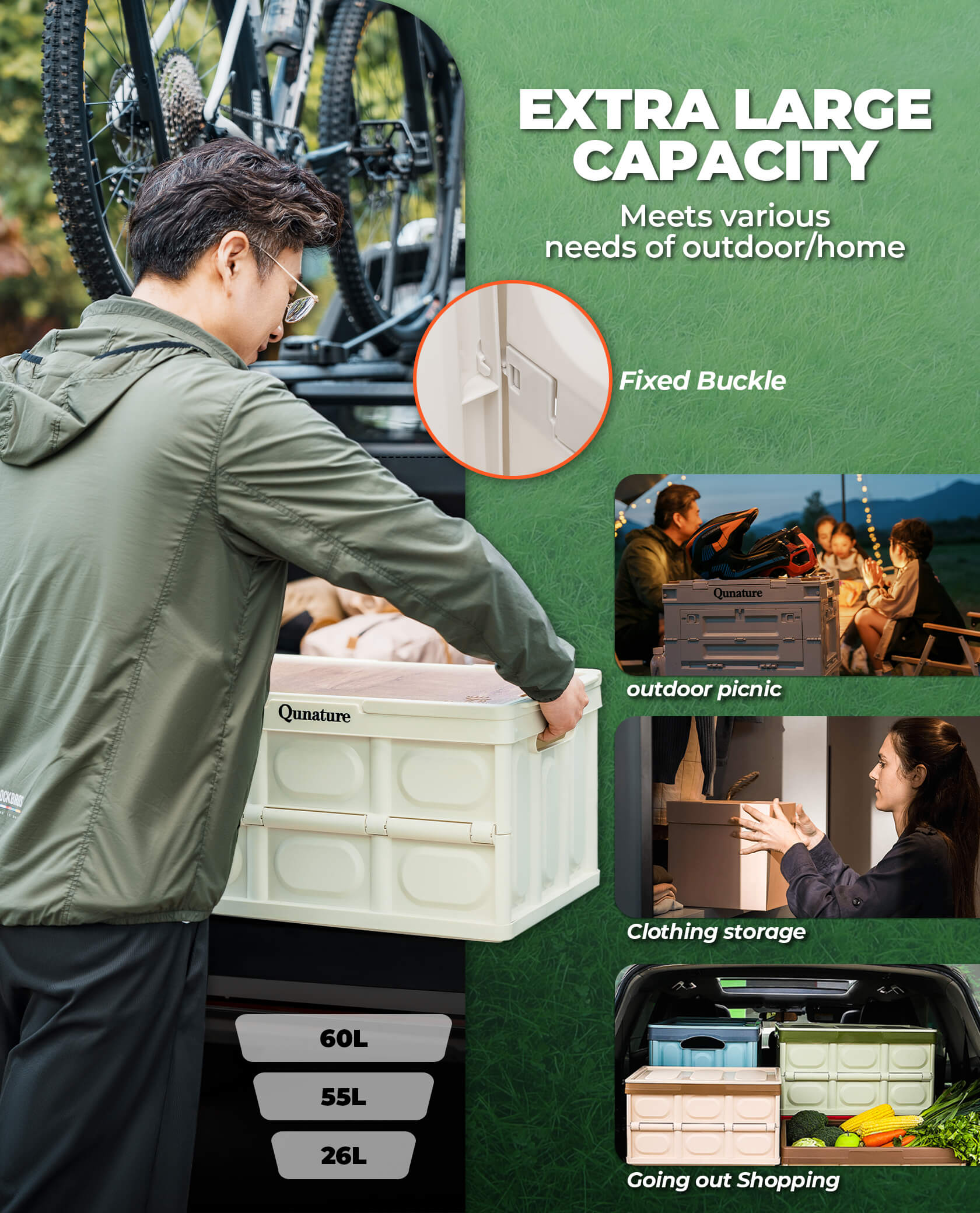 Qunature foldable outdoor storage bin for camping and home organisation.
#capacity_60L With Wood Board