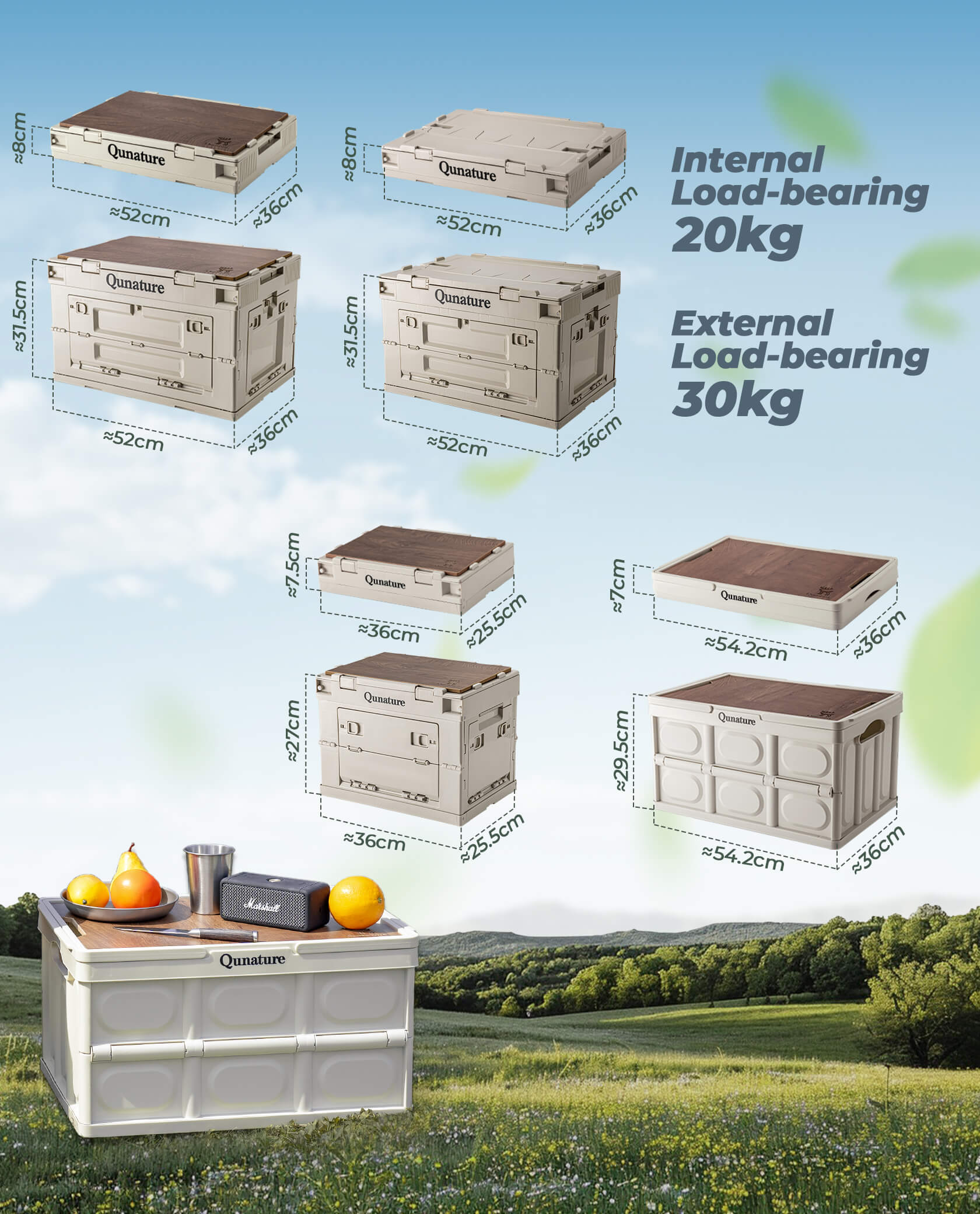 Qunature foldable outdoor storage bin for camping and home organisation.
#capacity_26L With Wood Board