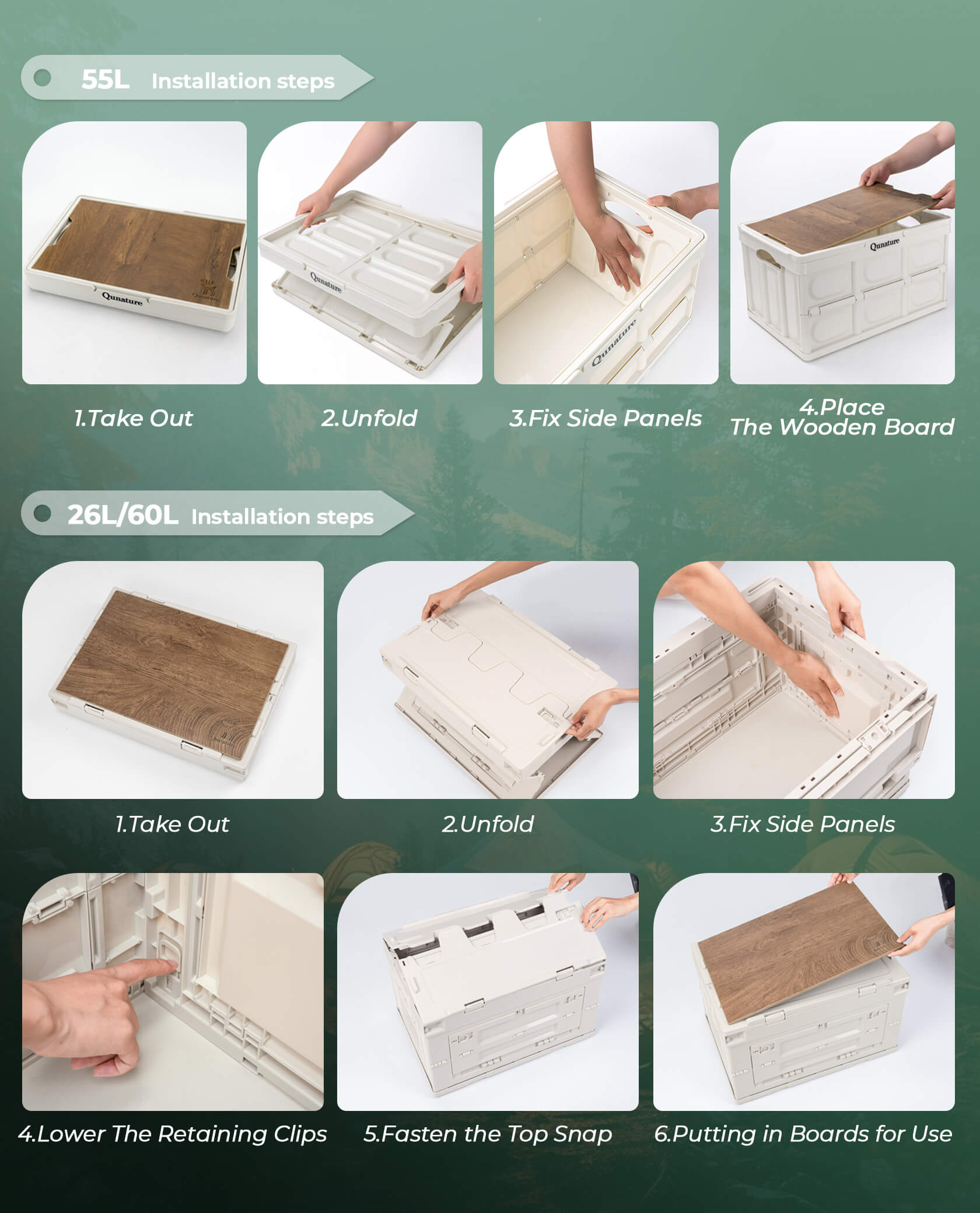 Qunature foldable outdoor storage bin for camping and home organisation.
#capacity_26L With Wood Board
