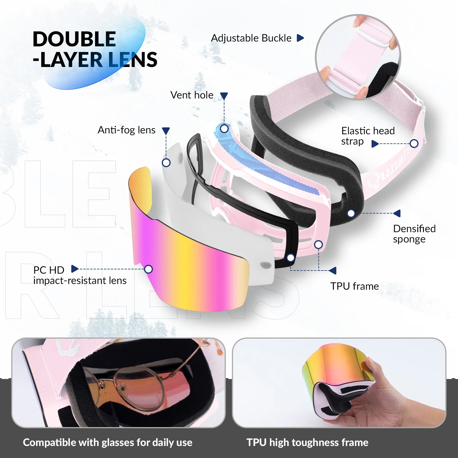 QUNATURE frameless anti-fog ski goggles for adult skiing and snowboarding.
#color_pink