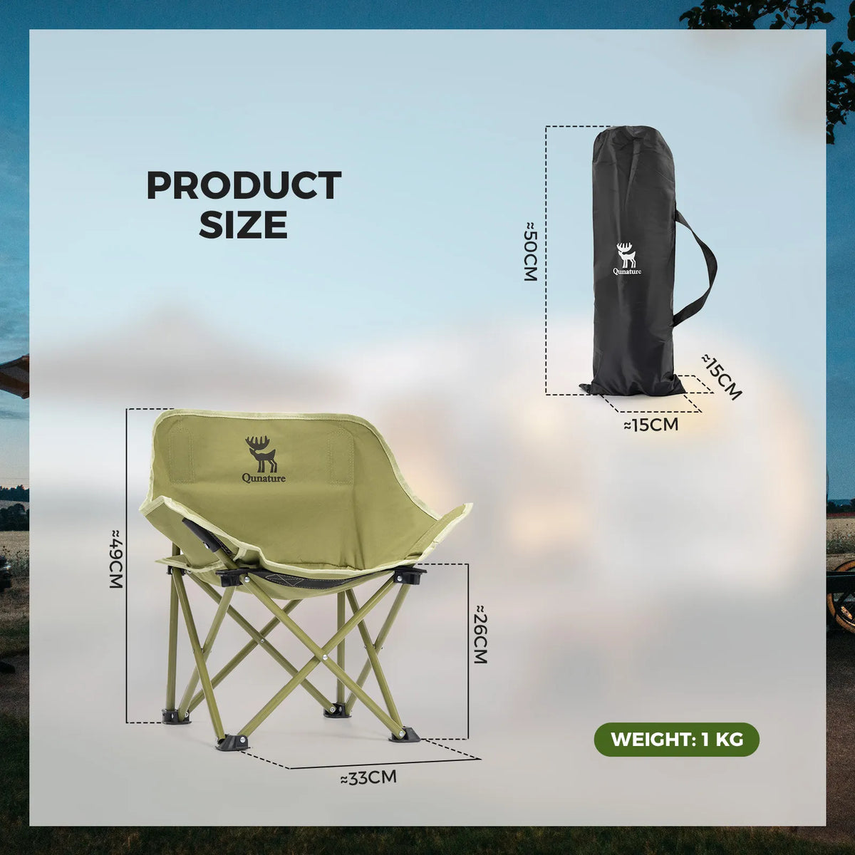 Qunature kids folding camping chair dimensions and packed carry bag size.
#colour_green