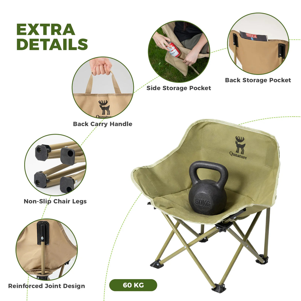 Qunature kids folding camping chair dimensions and packed carry bag size.
#colour_beige
