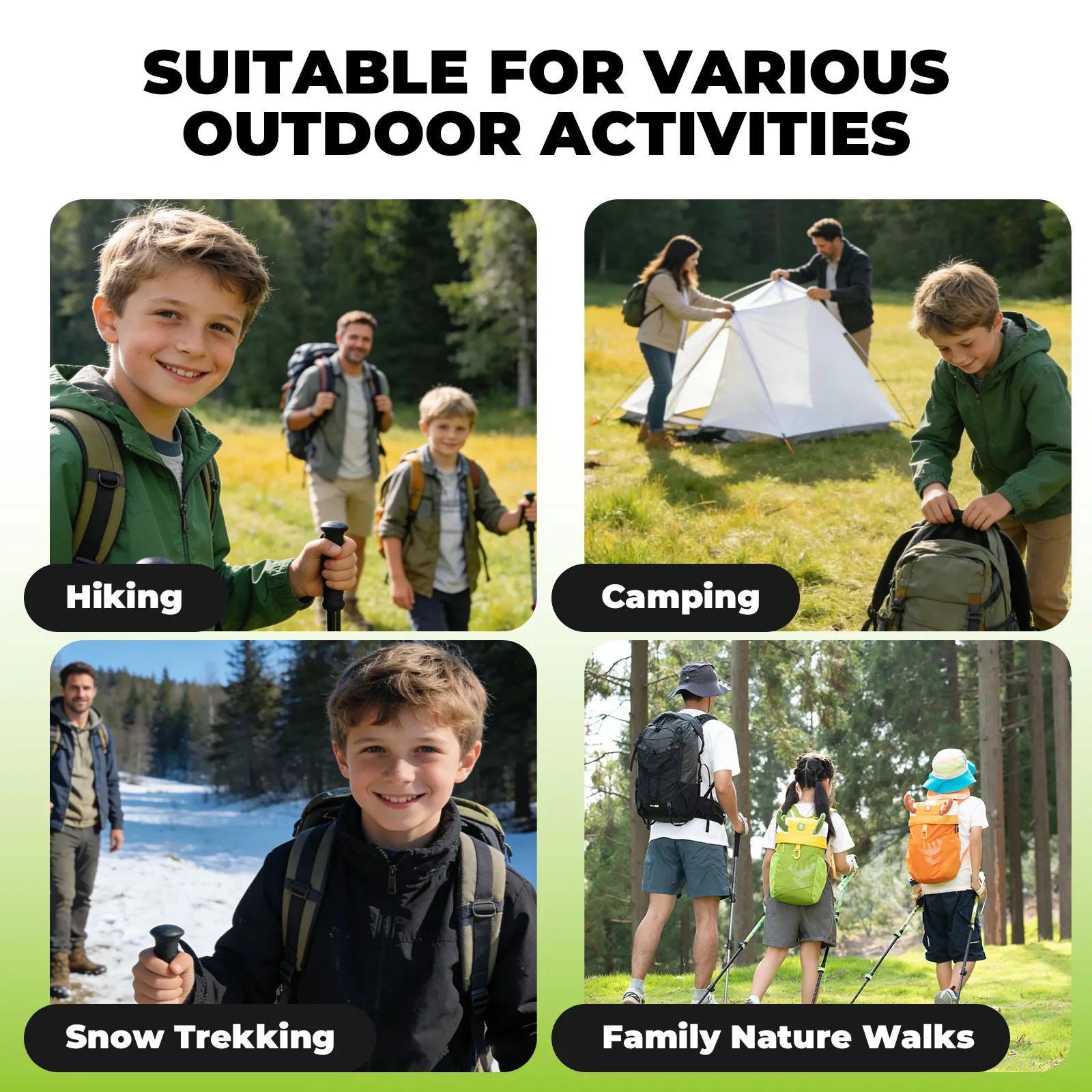 Qunature adjustable kids trekking poles in blue, telescoping from 51cm to 100cm for young hikers.
#color_bud green