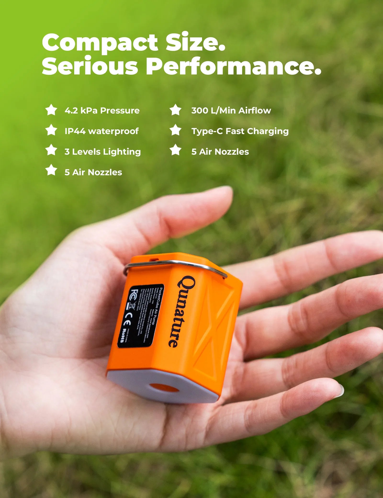qunature 800mAh mini electric bike pump for fast road bike tire inflation during outdoor cycling.
#color_green