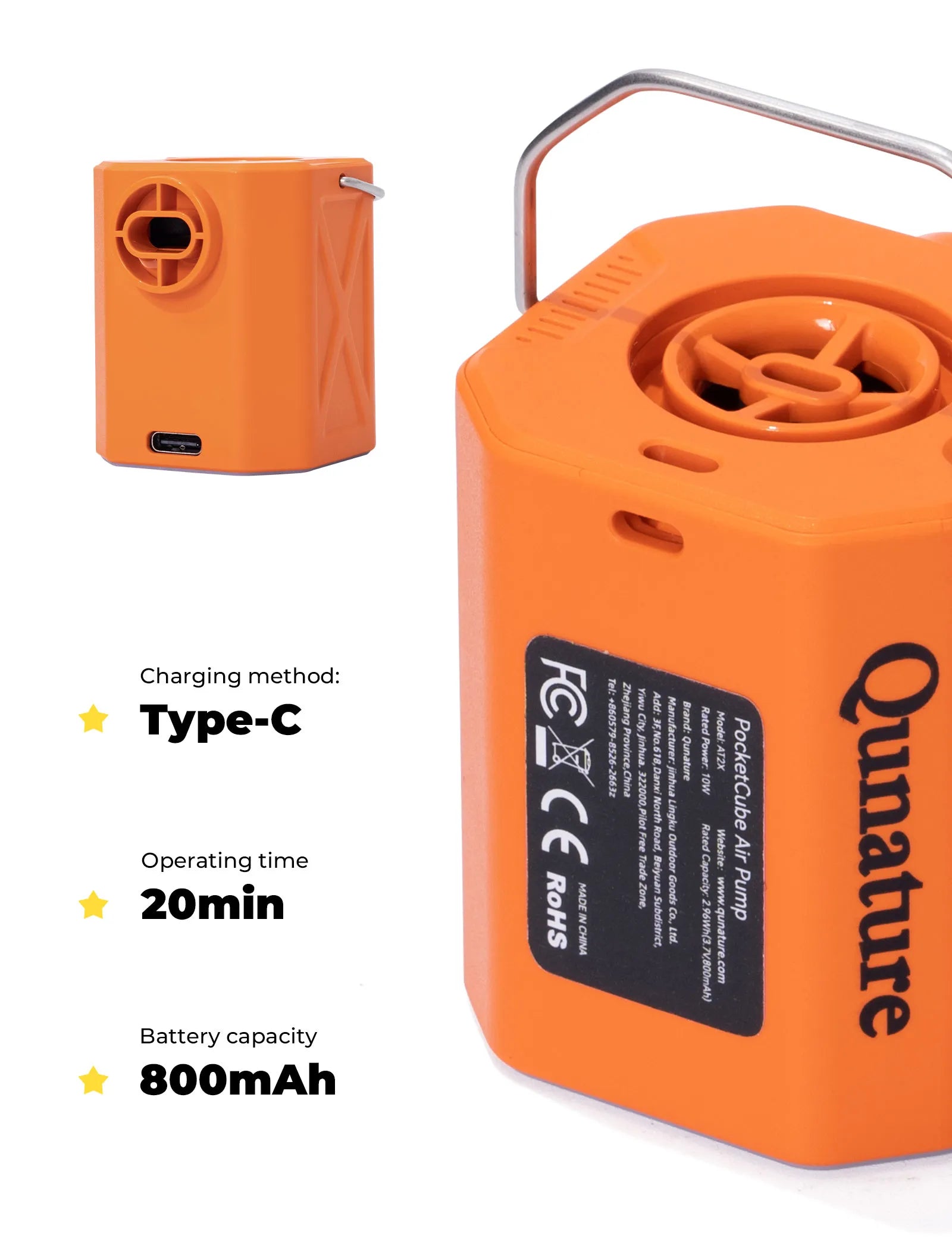 qunature 800mAh mini electric bike pump for fast road bike tire inflation during outdoor cycling.
#color_orange