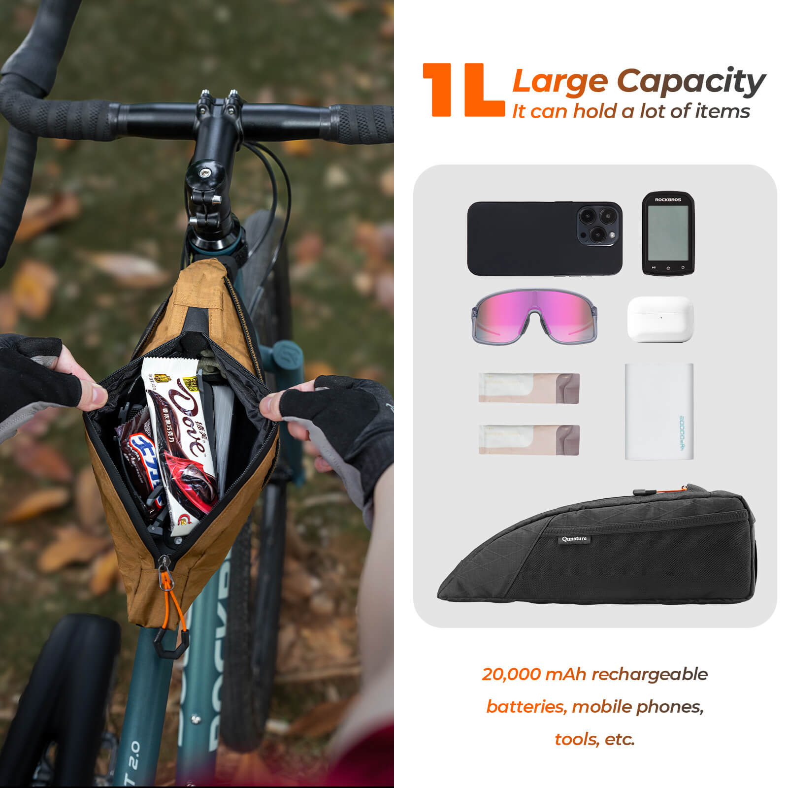 Qunature narrow edge mesh top tube bag bikepacking storage 1L
#color_black