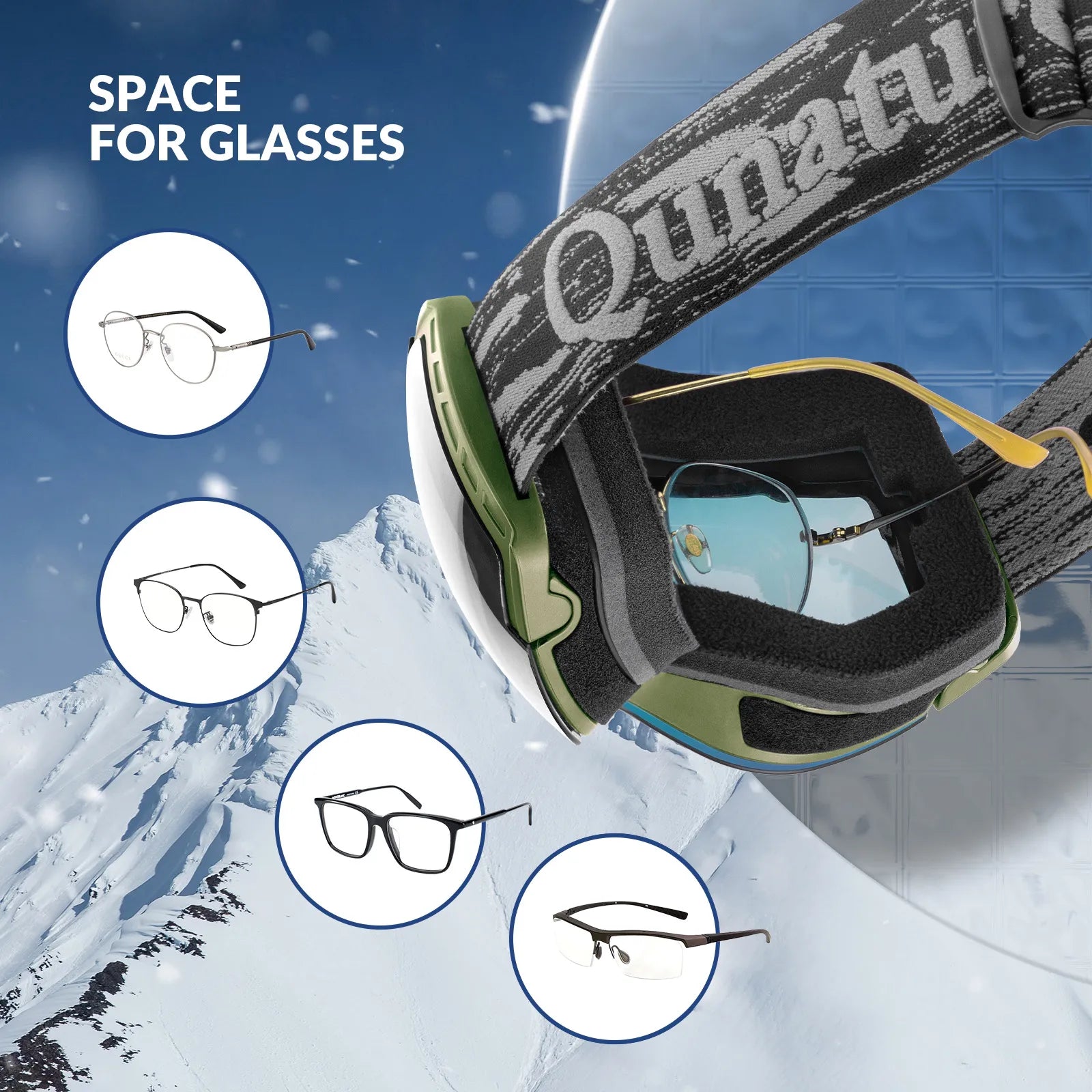 ROCKBROS unisex spherical ski goggles with double lens and anti-fog technology.
#color_black green