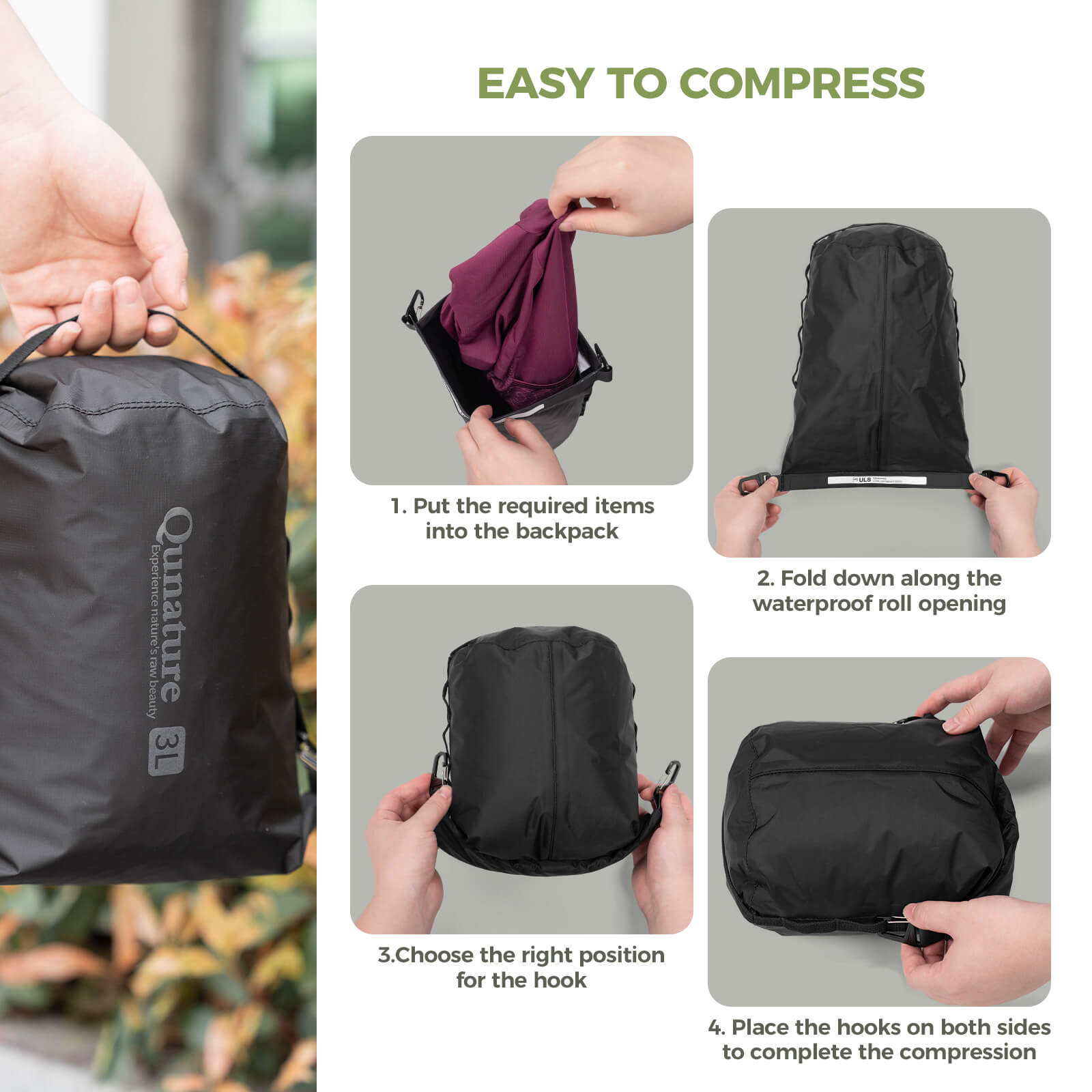Qunature Waterproof Compression Sack 3L-12L for Camping and Bikepacking
#color_black
#size_3L