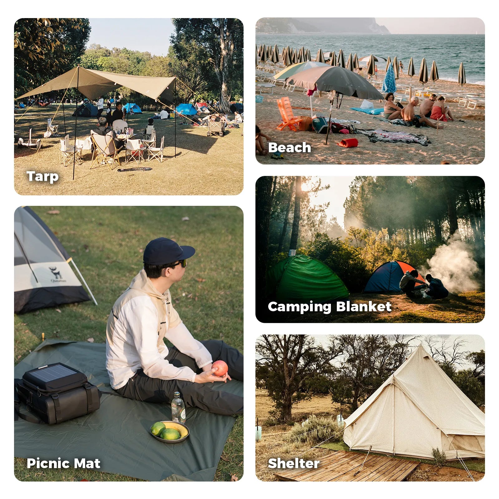 qunature sandproof beach blanket being used by a family on the sand, oversized and portable for seaside travel.
#color_light khaki