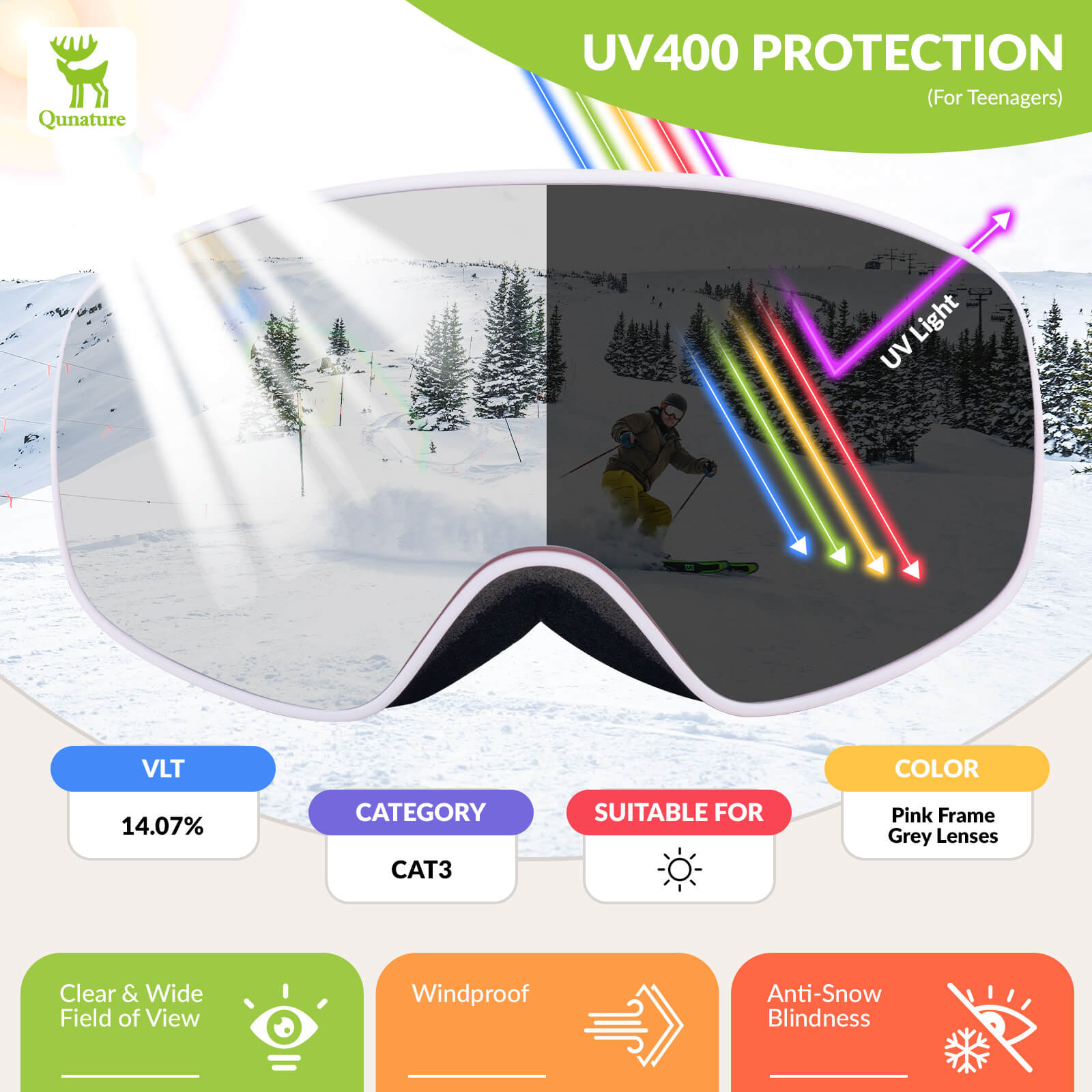 QUNATURE youth ski goggles with anti-fog and UV protection for boys and girls
#color_pink