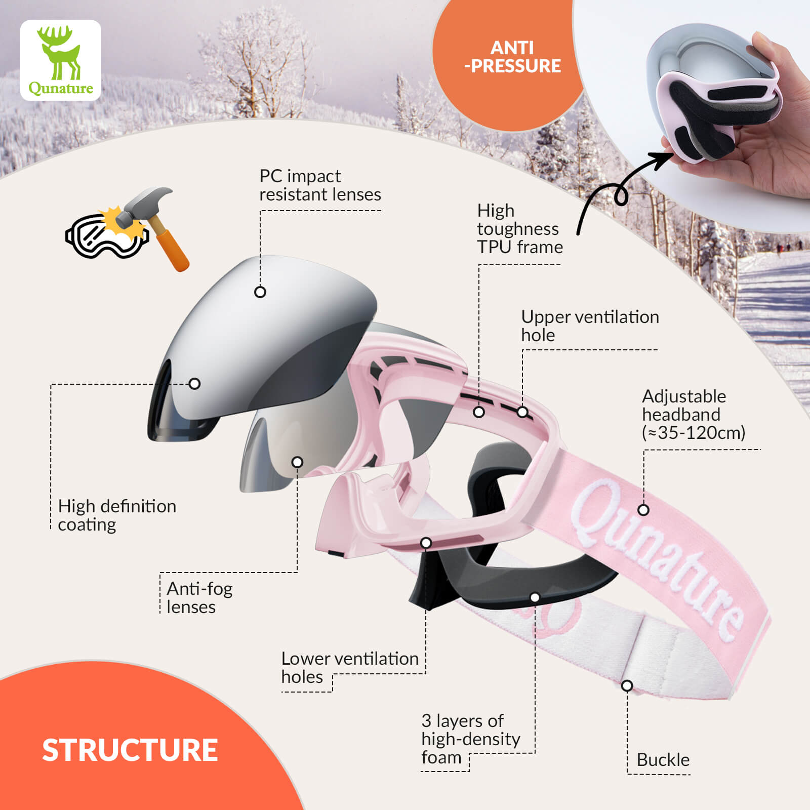 QUNATURE youth ski goggles with anti-fog and UV protection for boys and girls
#color_pink