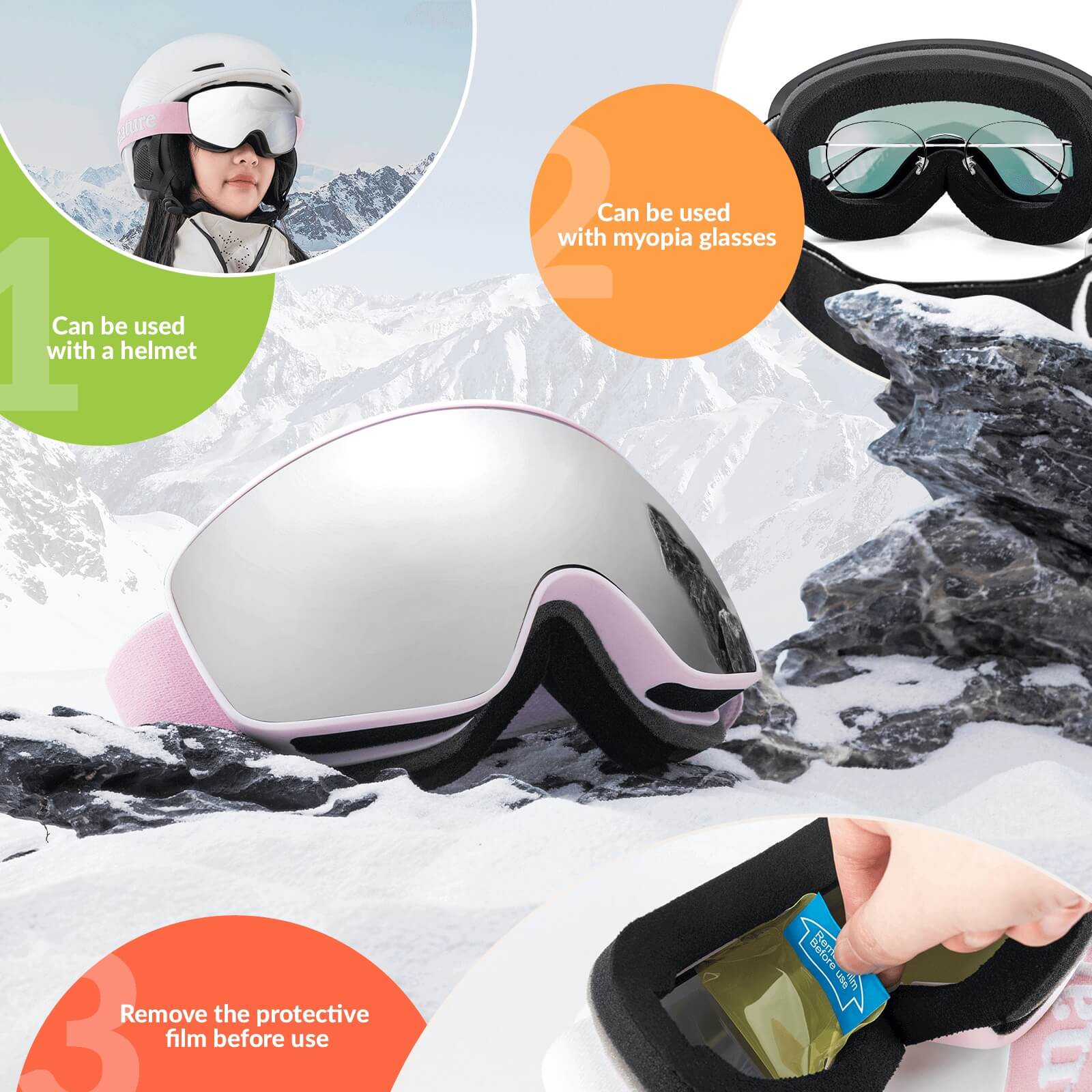 QUNATURE youth ski goggles with anti-fog and UV protection for boys and girls
#color_pink