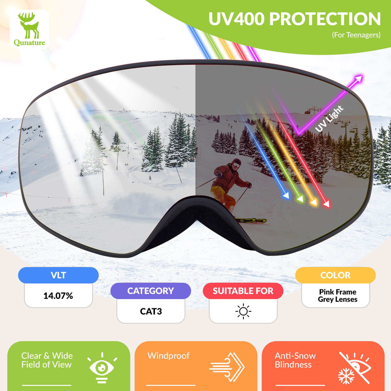 QUNATURE youth ski goggles with anti-fog and UV protection for boys and girls
#color_black