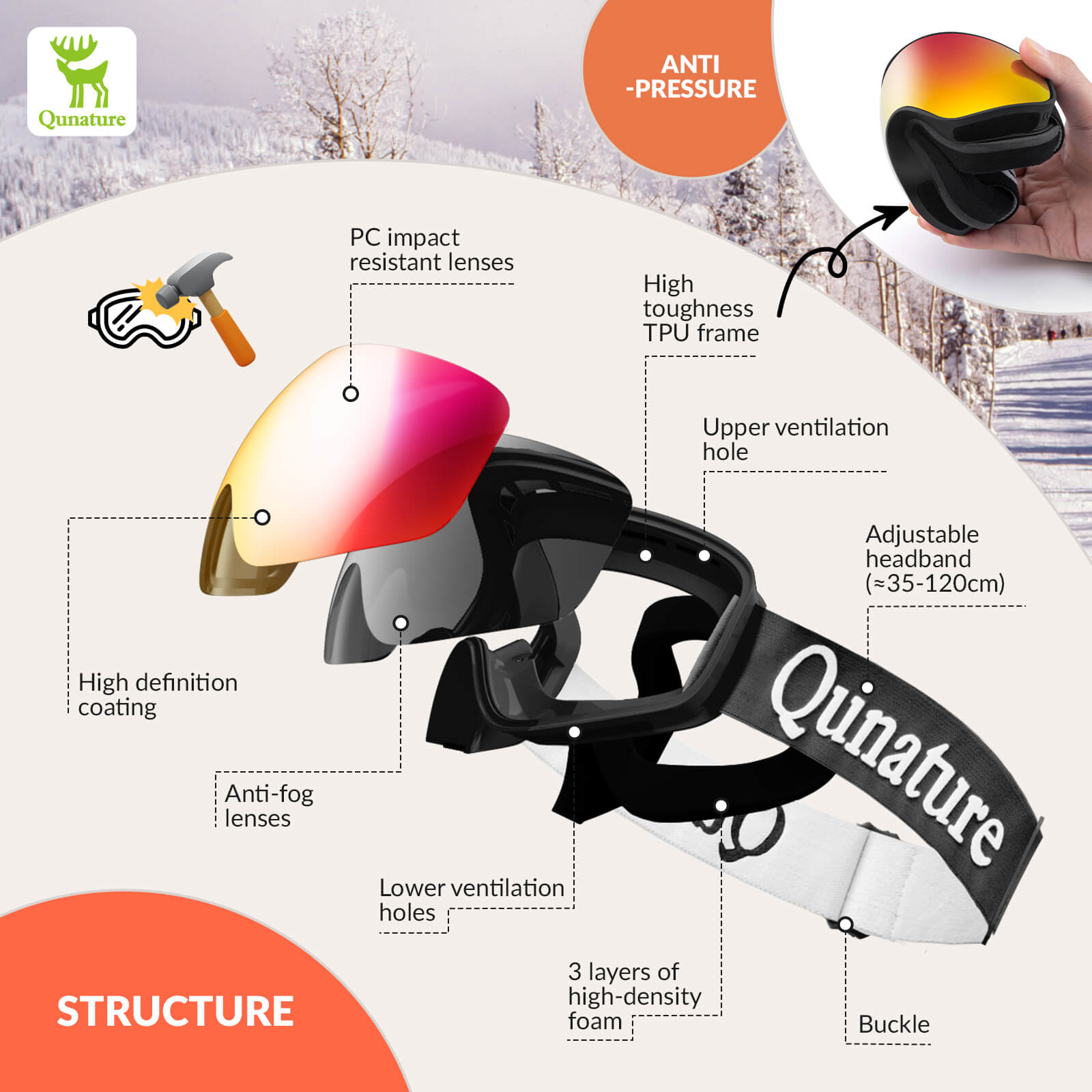QUNATURE youth ski goggles with anti-fog and UV protection for boys and girls
#color_black