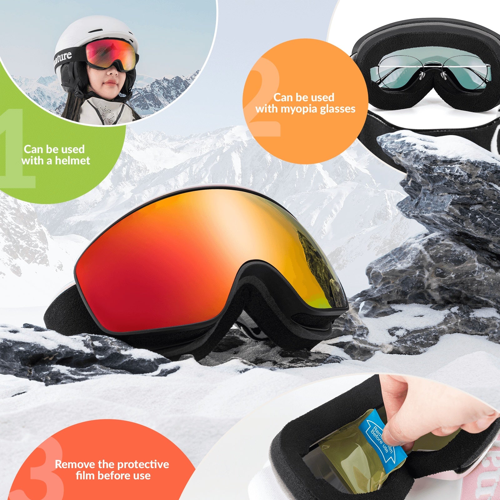 QUNATURE youth ski goggles with anti-fog and UV protection for boys and girls
#color_black