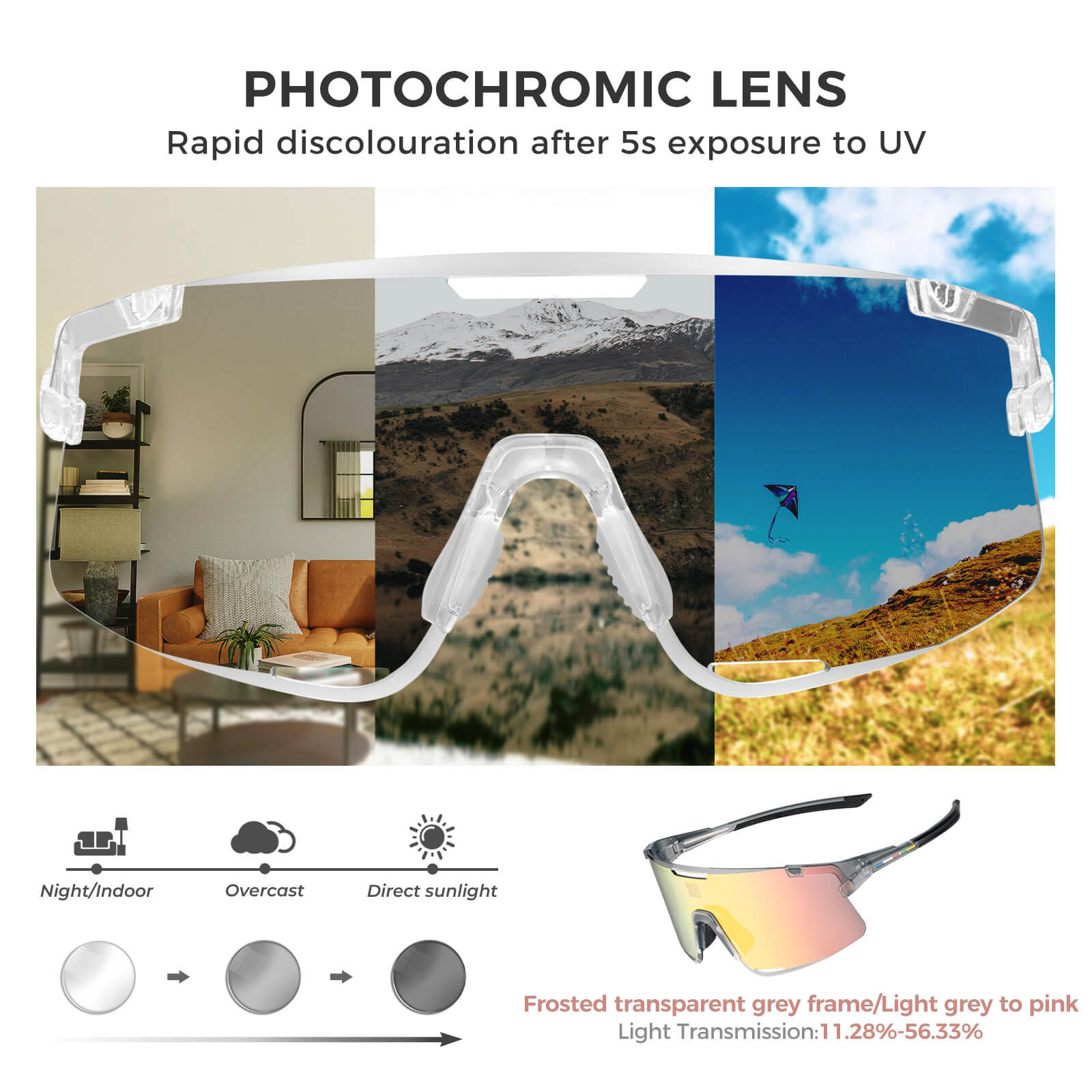 ROCKBROS Road to Sky Photochromatic Cycling Sunglasses - BOUNDLESS, offering advanced photochromic lenses, windproof and sandproof protection, and dynamic light adaptation for an enhanced cycling experience
#color_black