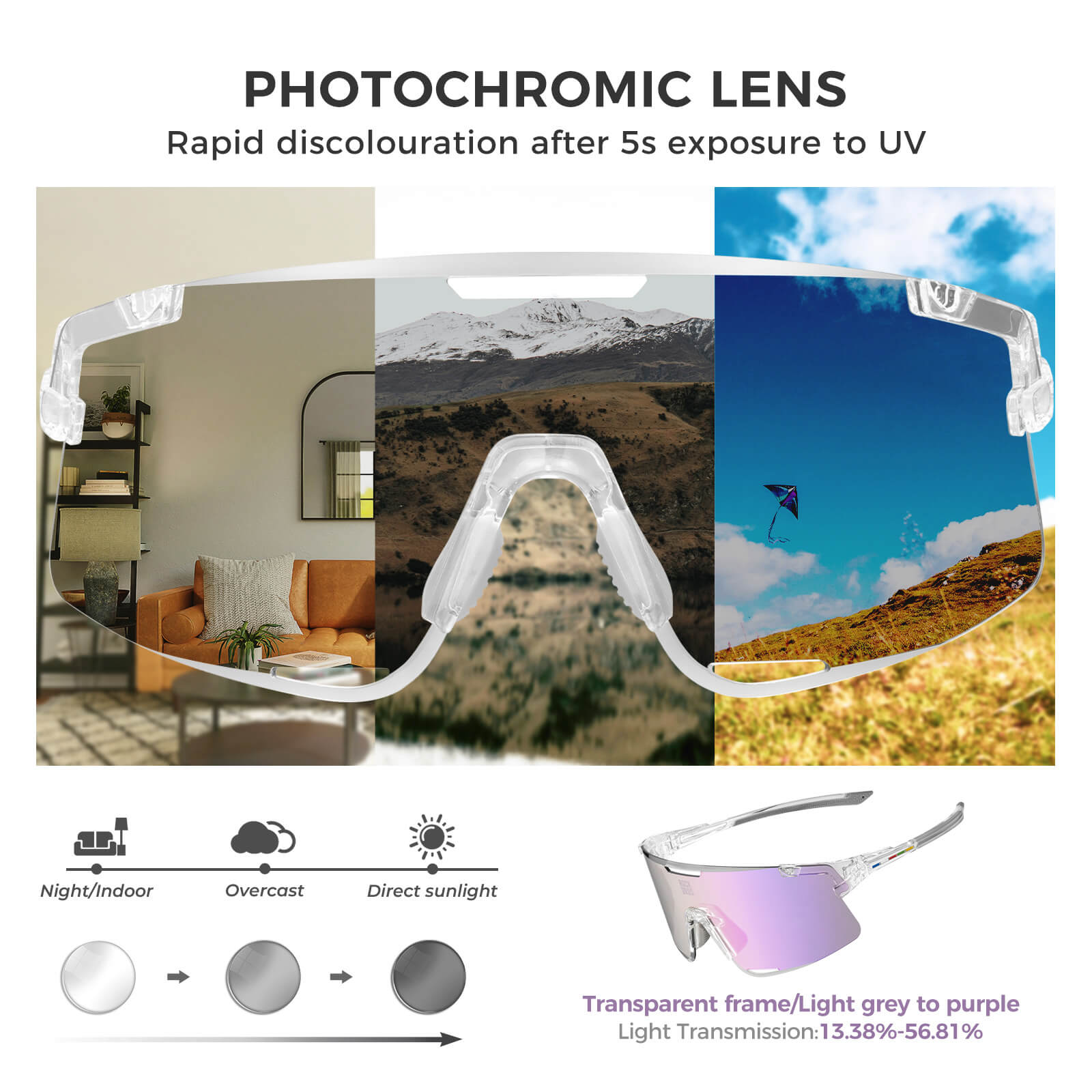 ROCKBROS Road to Sky Photochromatic Cycling Sunglasses - BOUNDLESS, offering advanced photochromic lenses, windproof and sandproof protection, and dynamic light adaptation for an enhanced cycling experience
#color_purple