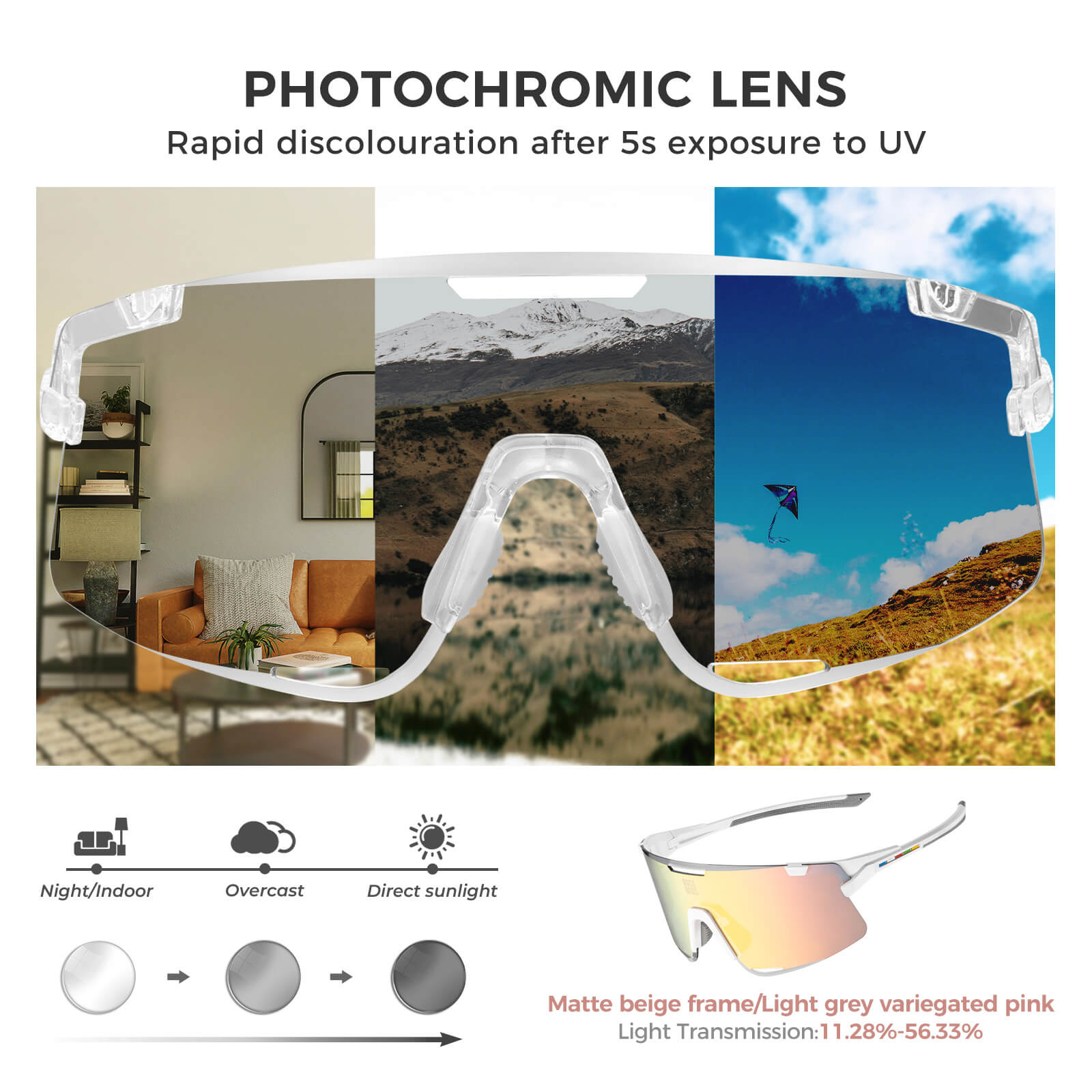 ROCKBROS Road to Sky Photochromatic Cycling Sunglasses - BOUNDLESS, offering advanced photochromic lenses, windproof and sandproof protection, and dynamic light adaptation for an enhanced cycling experience
#color_white