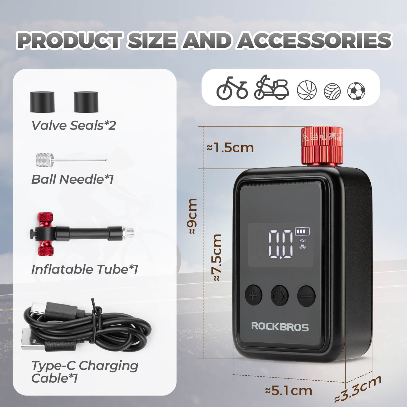 Rockbros 150PSI portable electric bike pump for fast tire inflation.