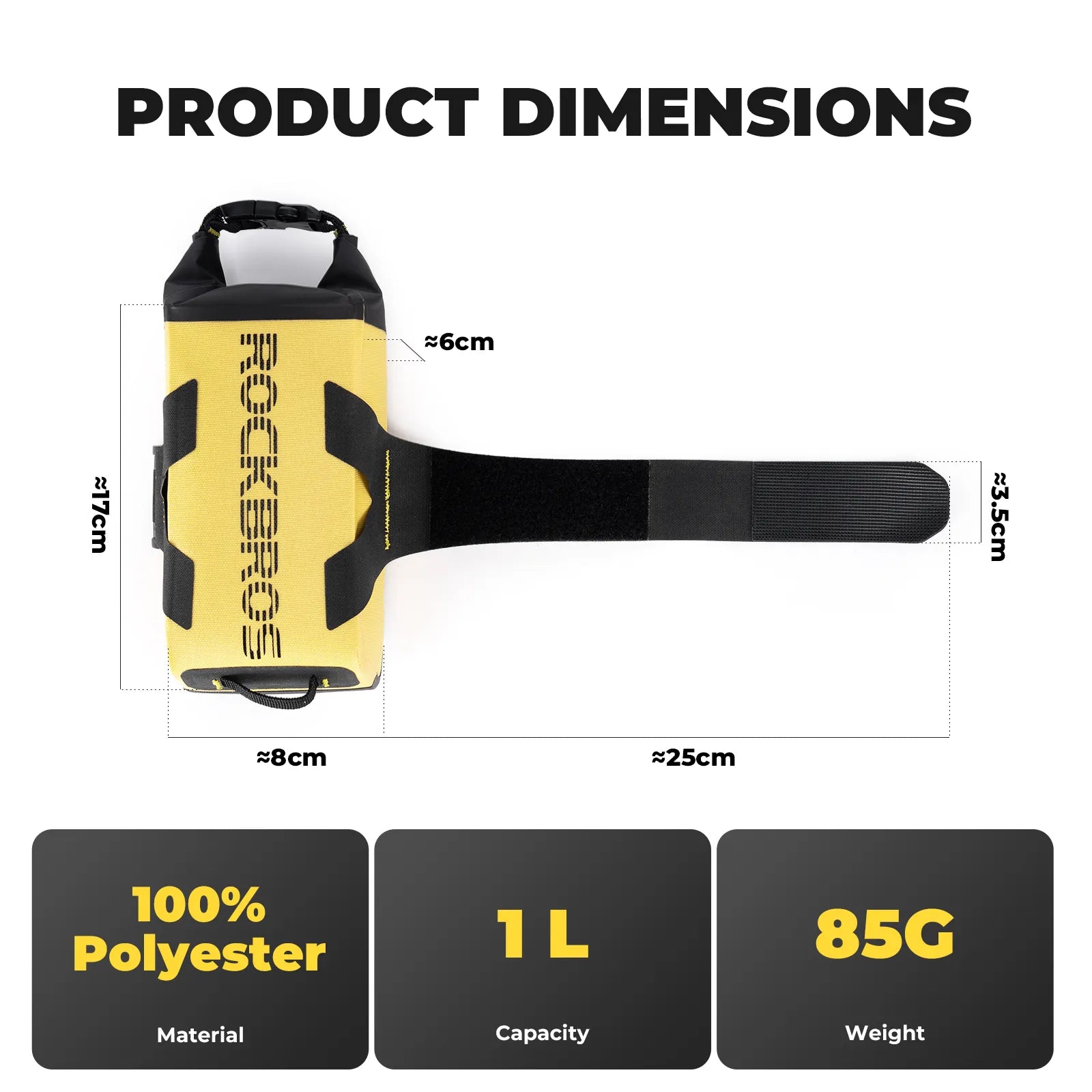 Rockbros 1L High-Vis Yellow Waterproof Roll-Top Bike Frame Bag with Reflective Logo