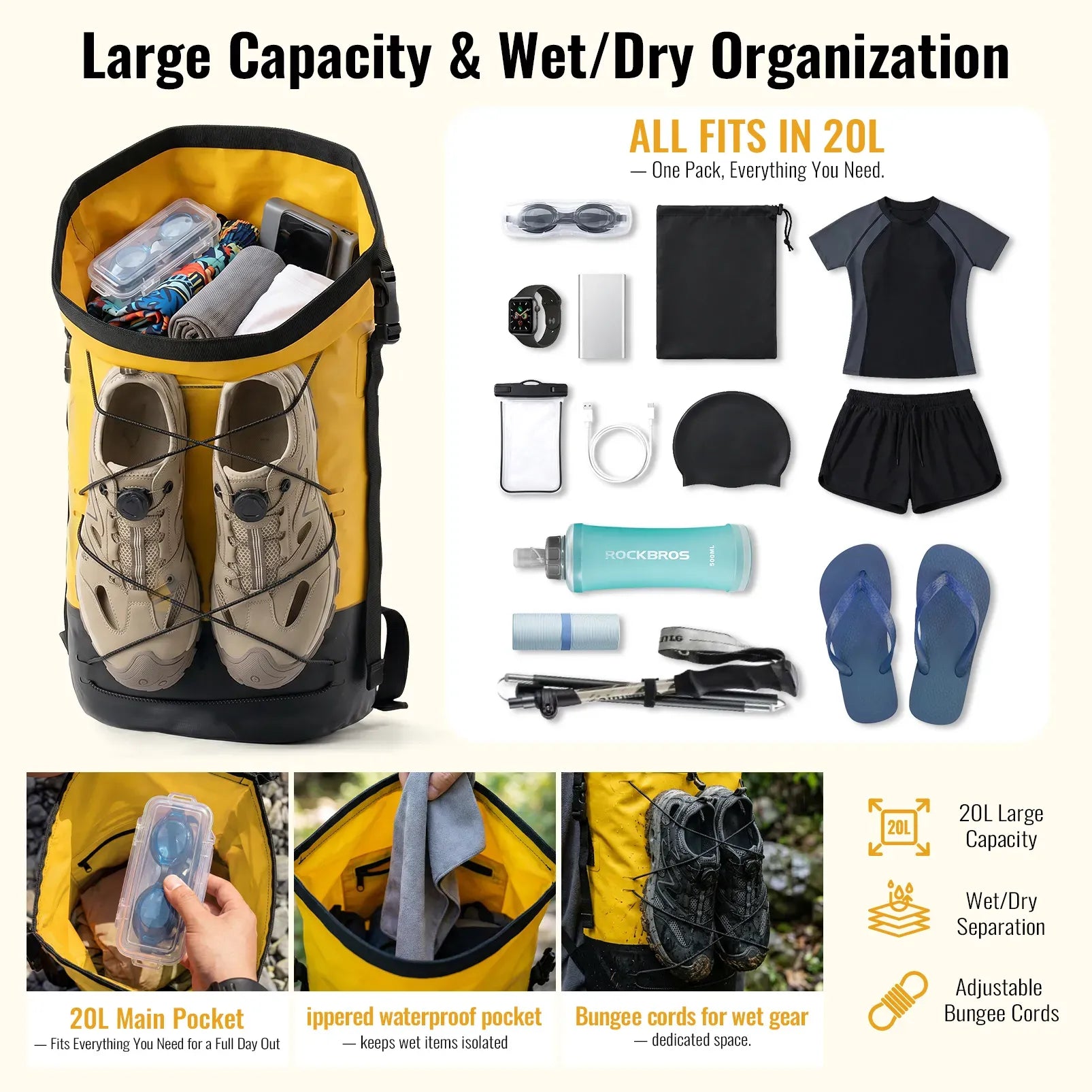 Rockbros 20L waterproof dry bag backpack in black for outdoor adventures.
#color_black